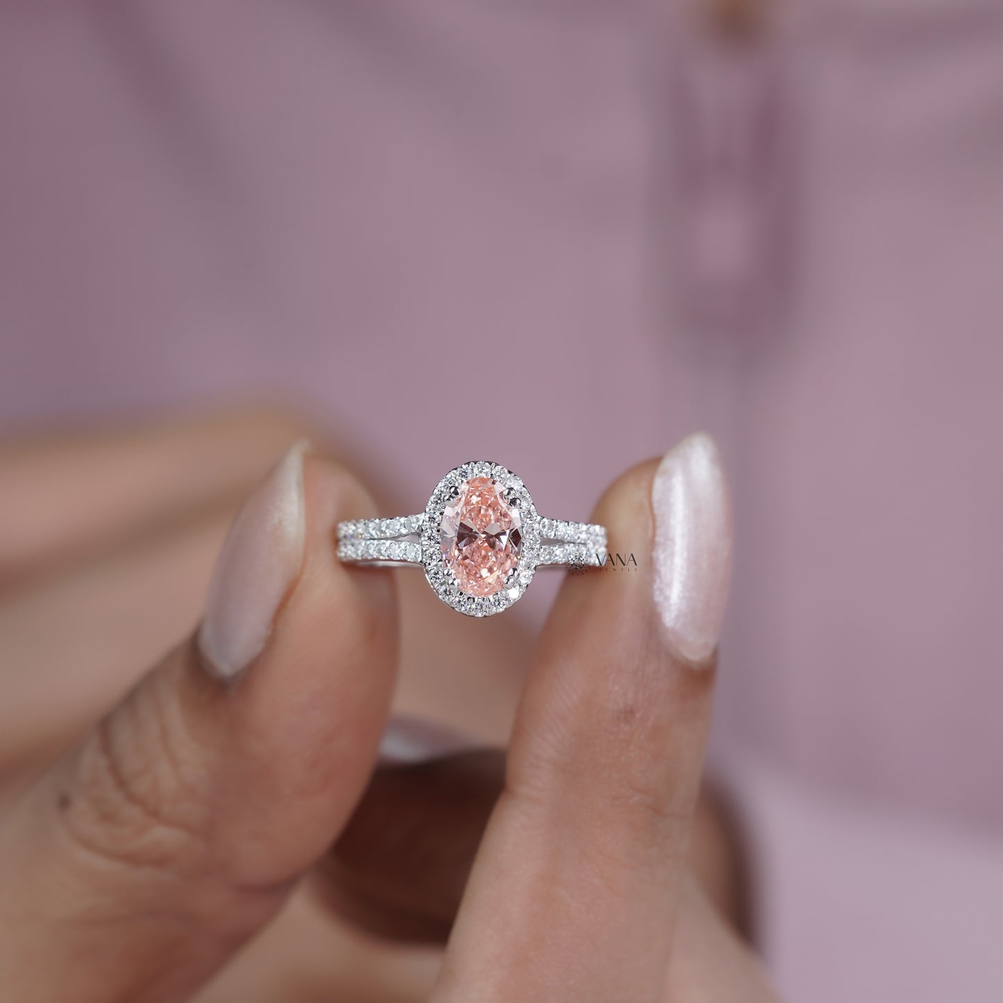 Pink Oval Lab Grown Diamond Halo Engagement Ring with Split Shank Pave Setting