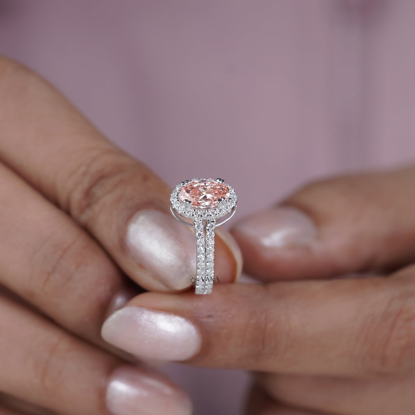 Pink Oval Lab Grown Diamond Halo Engagement Ring with Split Shank Pave Setting