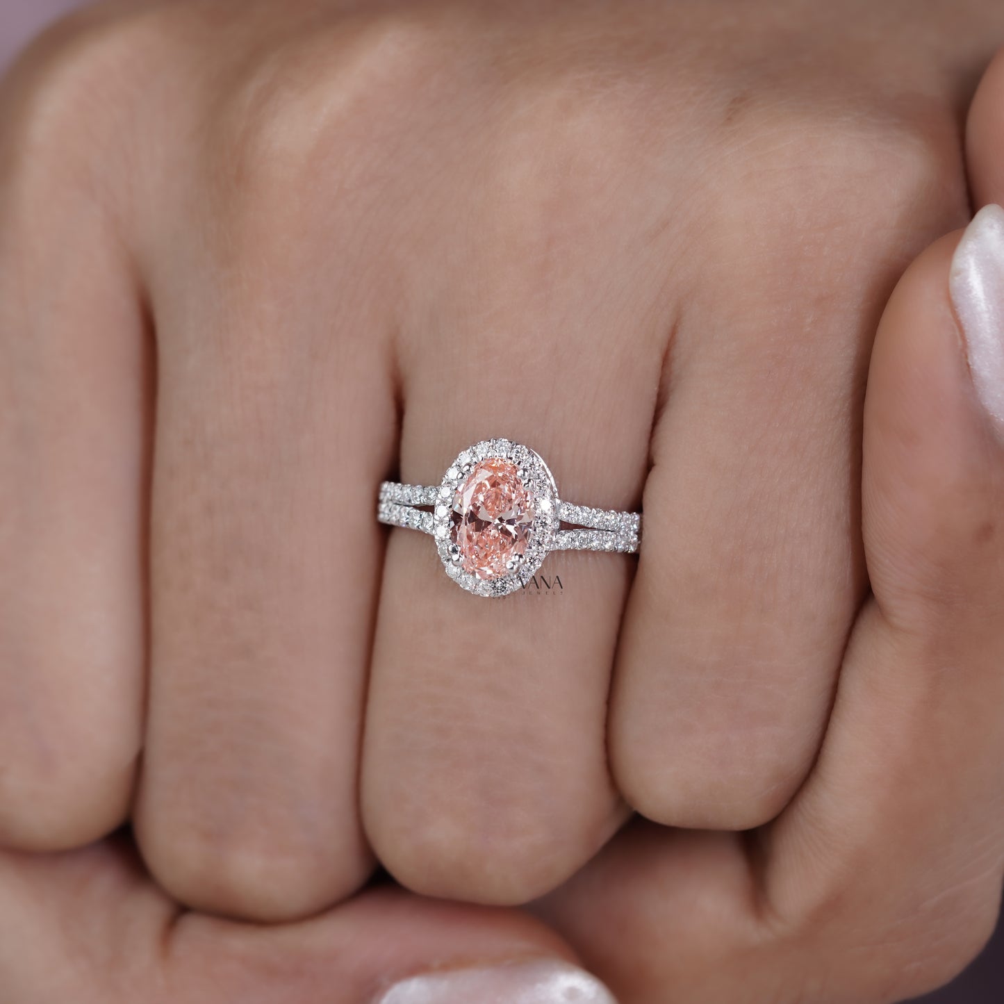 Pink Oval Lab Grown Diamond Halo Engagement Ring with Split Shank Pave Setting