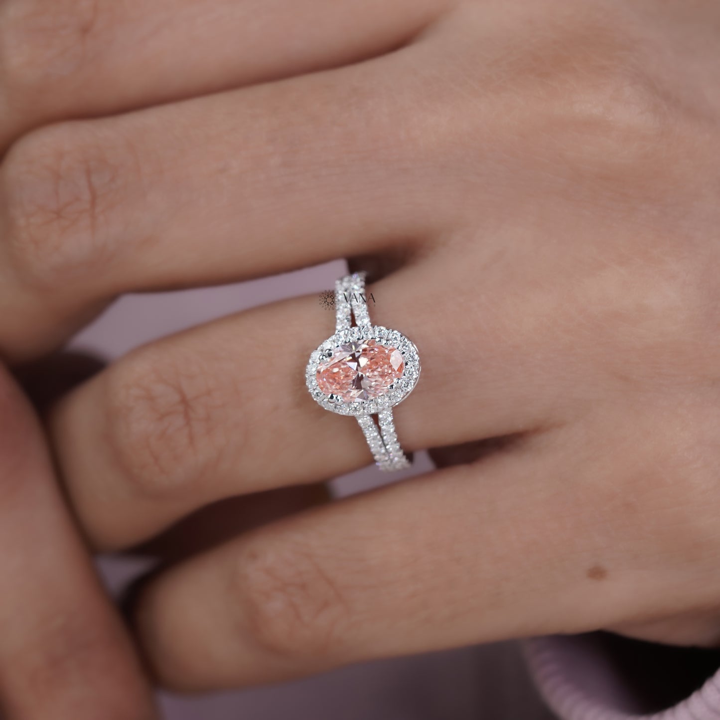 Pink Oval Lab Grown Diamond Halo Engagement Ring with Split Shank Pave Setting