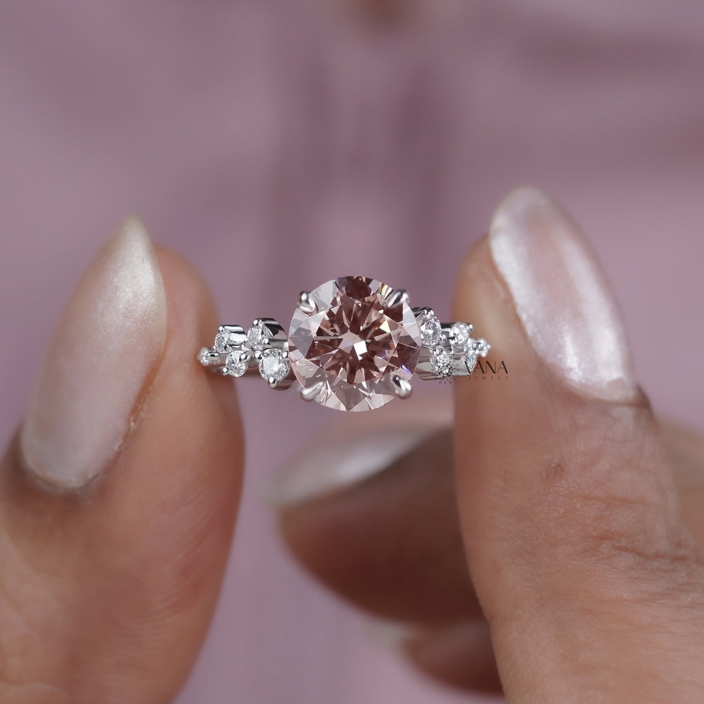 Unique Round Cut Lab Grown Diamond Engagement Ring with Cluster Side Stones in Solid Gold