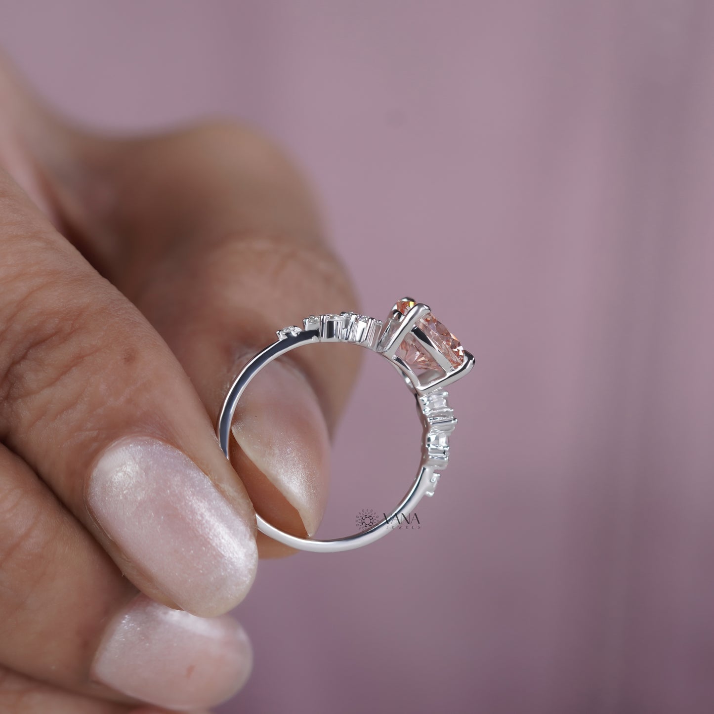 Unique Round Cut Lab Grown Diamond Engagement Ring with Cluster Side Stones in Solid Gold