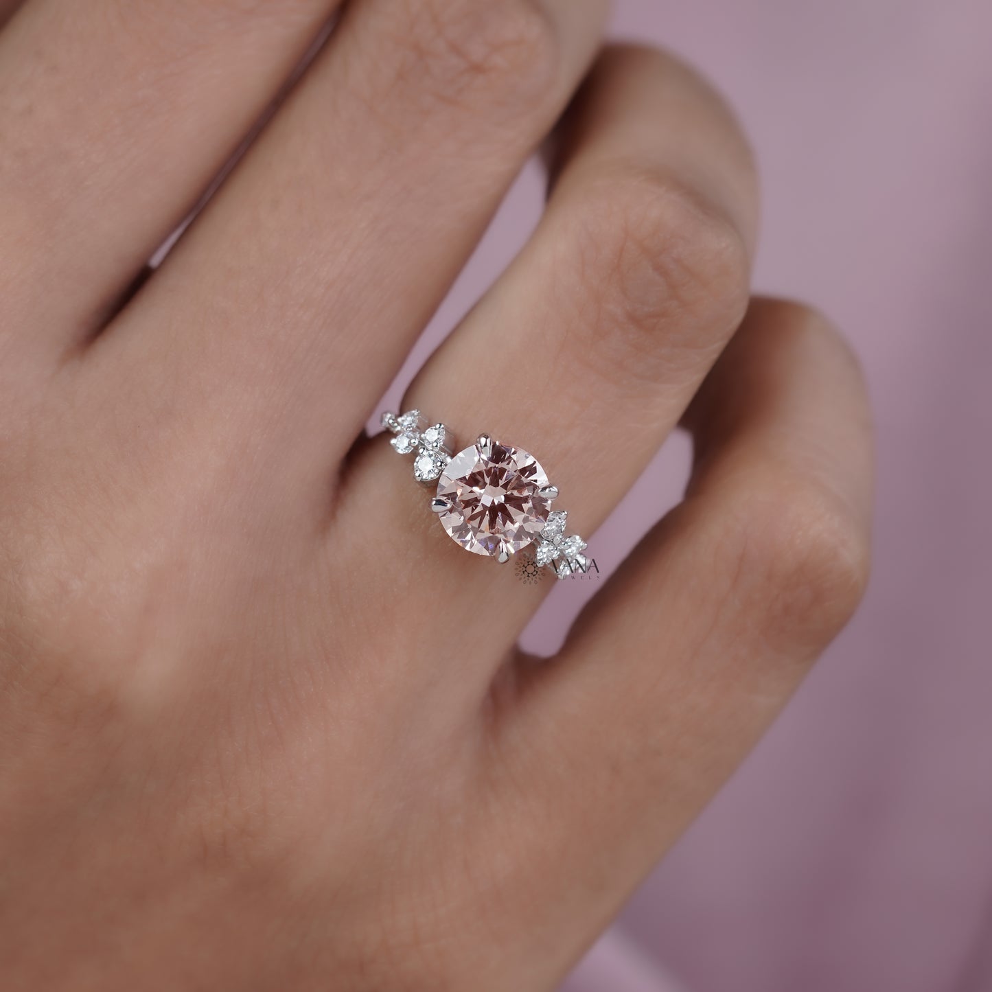 Unique Round Cut Lab Grown Diamond Engagement Ring with Cluster Side Stones in Solid Gold