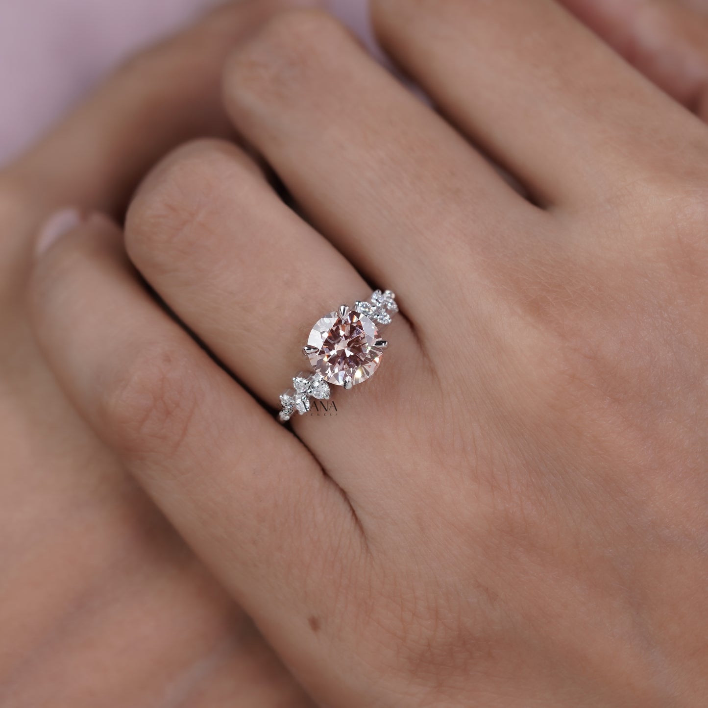 Unique Round Cut Lab Grown Diamond Engagement Ring with Cluster Side Stones in Solid Gold