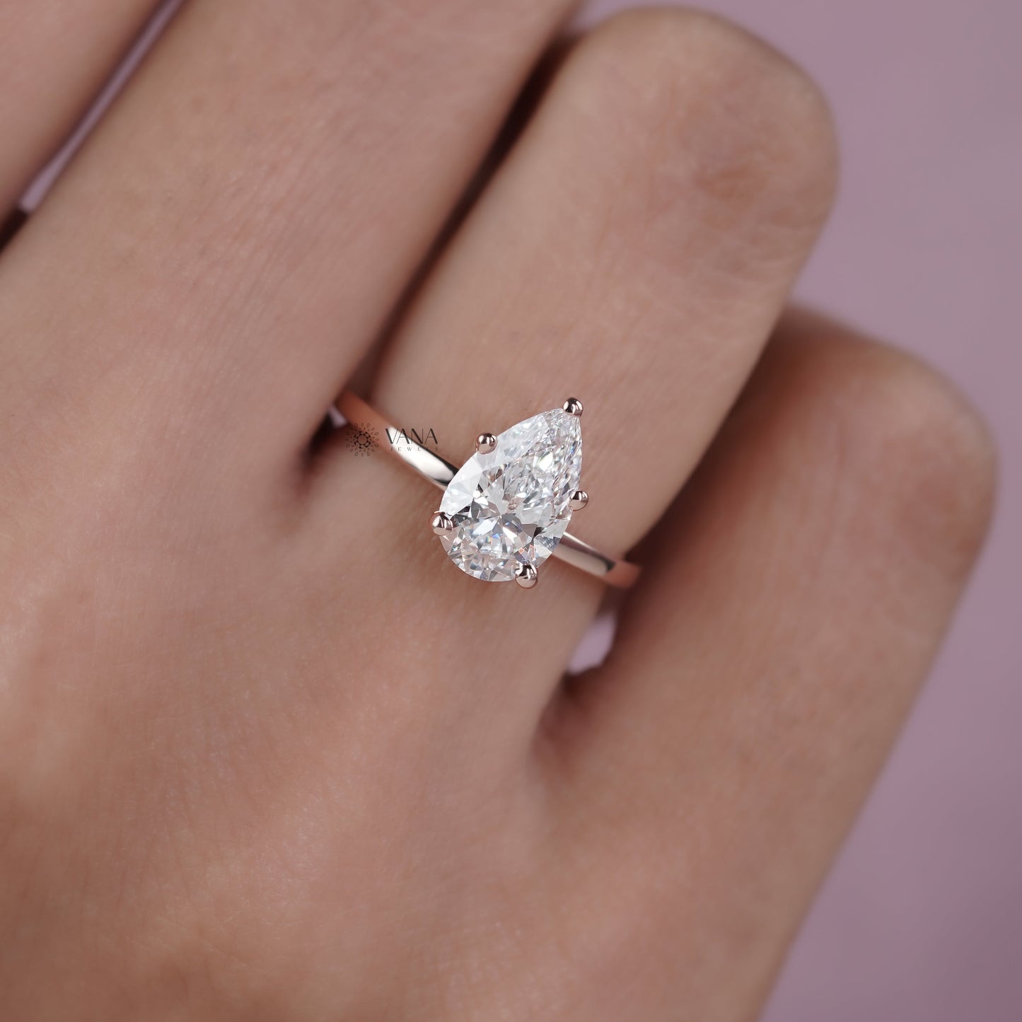 Pear Cut Moissanite Engagement Solitaire Ring in Rose Gold Five Prong setting