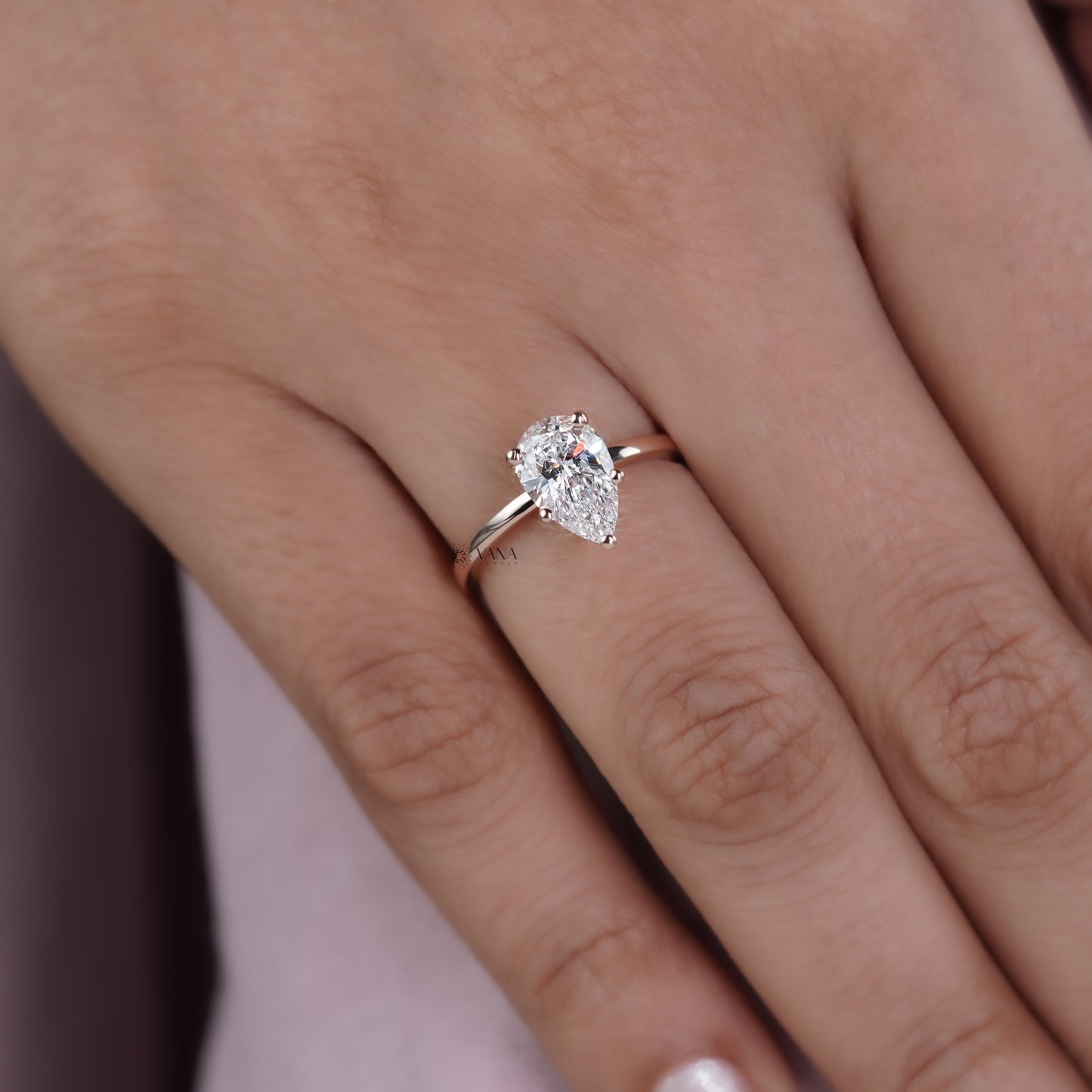 Pear Cut Moissanite Engagement Solitaire Ring in Rose Gold Five Prong setting