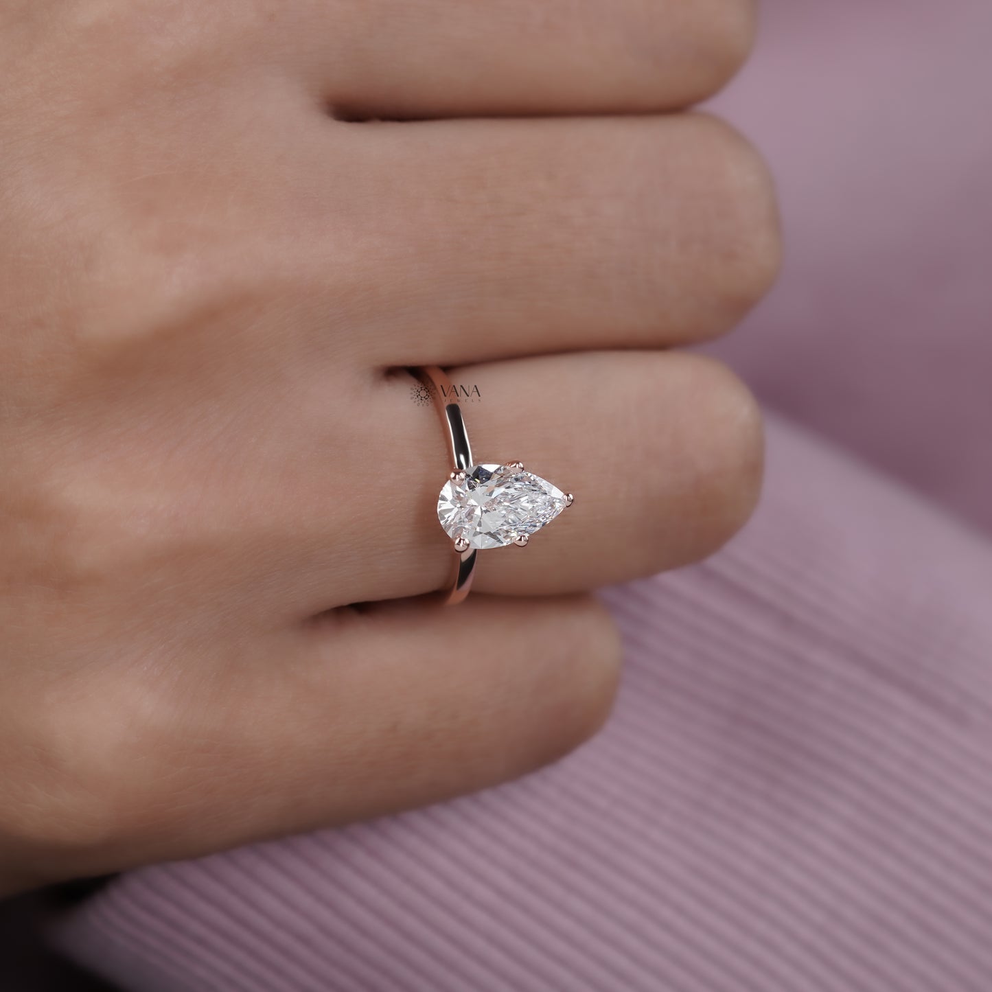 Pear Cut Moissanite Engagement Solitaire Ring in Rose Gold Five Prong setting