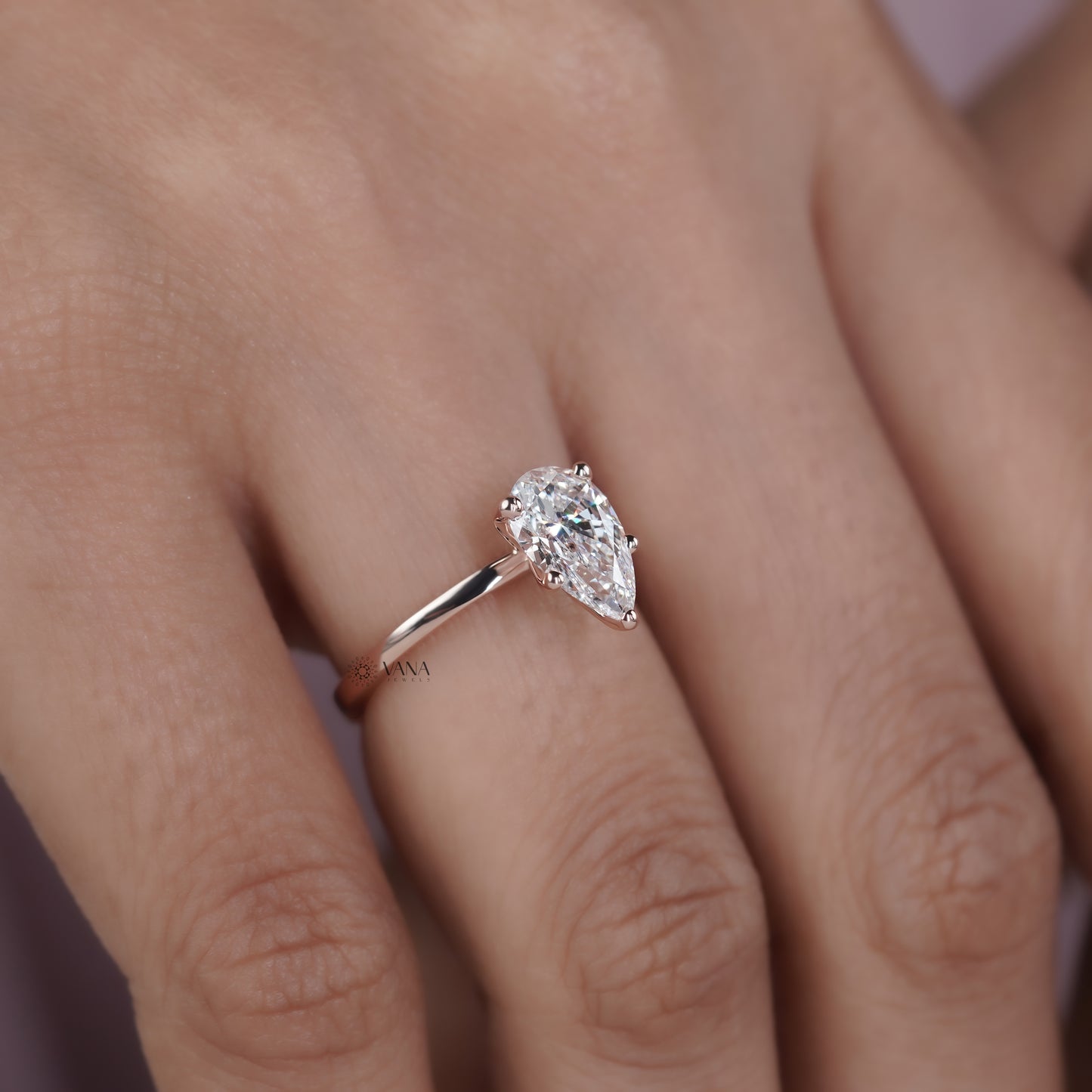 Pear Cut Moissanite Engagement Solitaire Ring in Rose Gold Five Prong setting