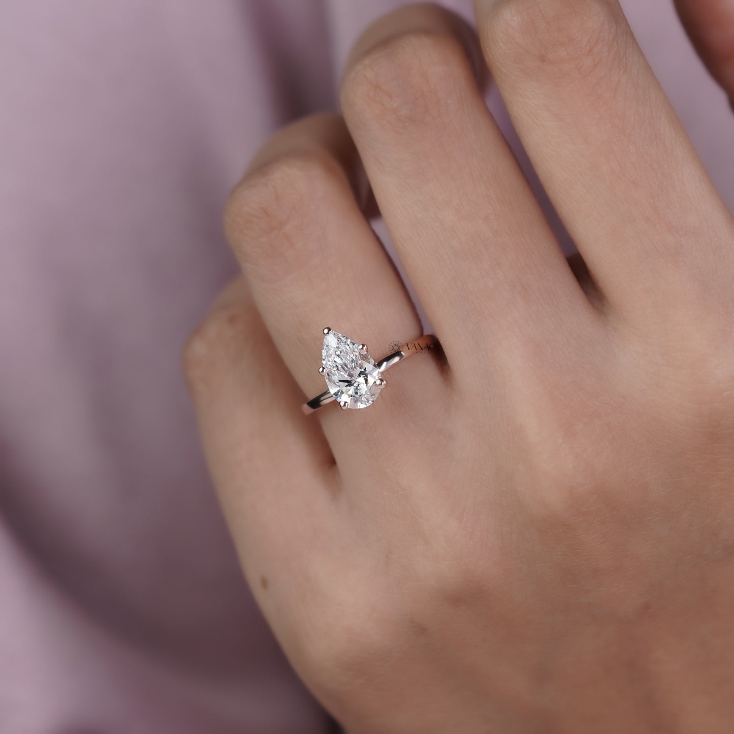 Pear Cut Moissanite Engagement Solitaire Ring in Rose Gold Five Prong setting