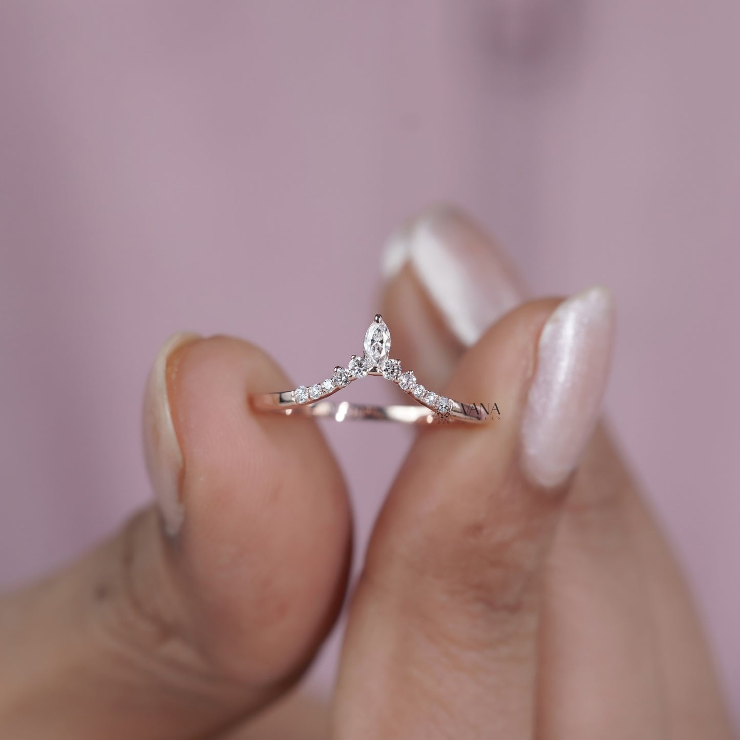 14K Solid Gold Marquise and Round Lab Diamond Tiara Curved Wedding Band