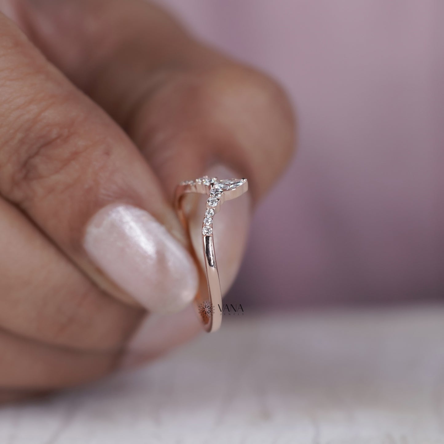 14K Solid Gold Marquise and Round Lab Diamond Tiara Curved Wedding Band