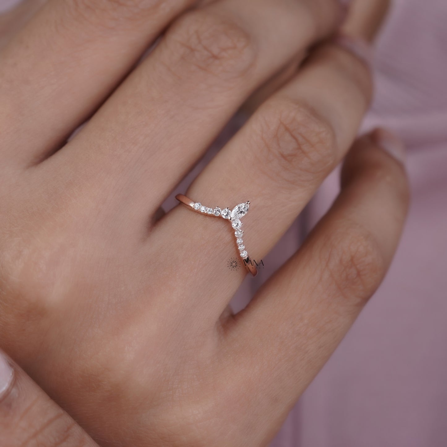 14K Solid Gold Marquise and Round Lab Diamond Tiara Curved Wedding Band