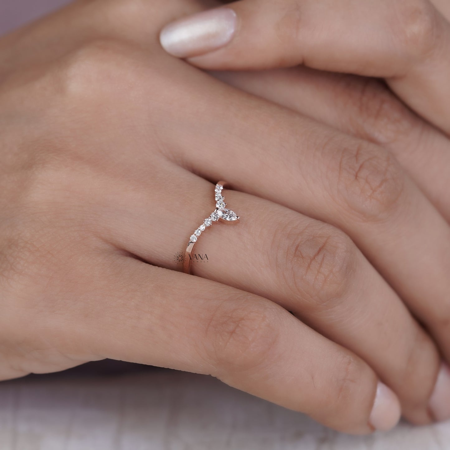 14K Solid Gold Marquise and Round Lab Diamond Tiara Curved Wedding Band