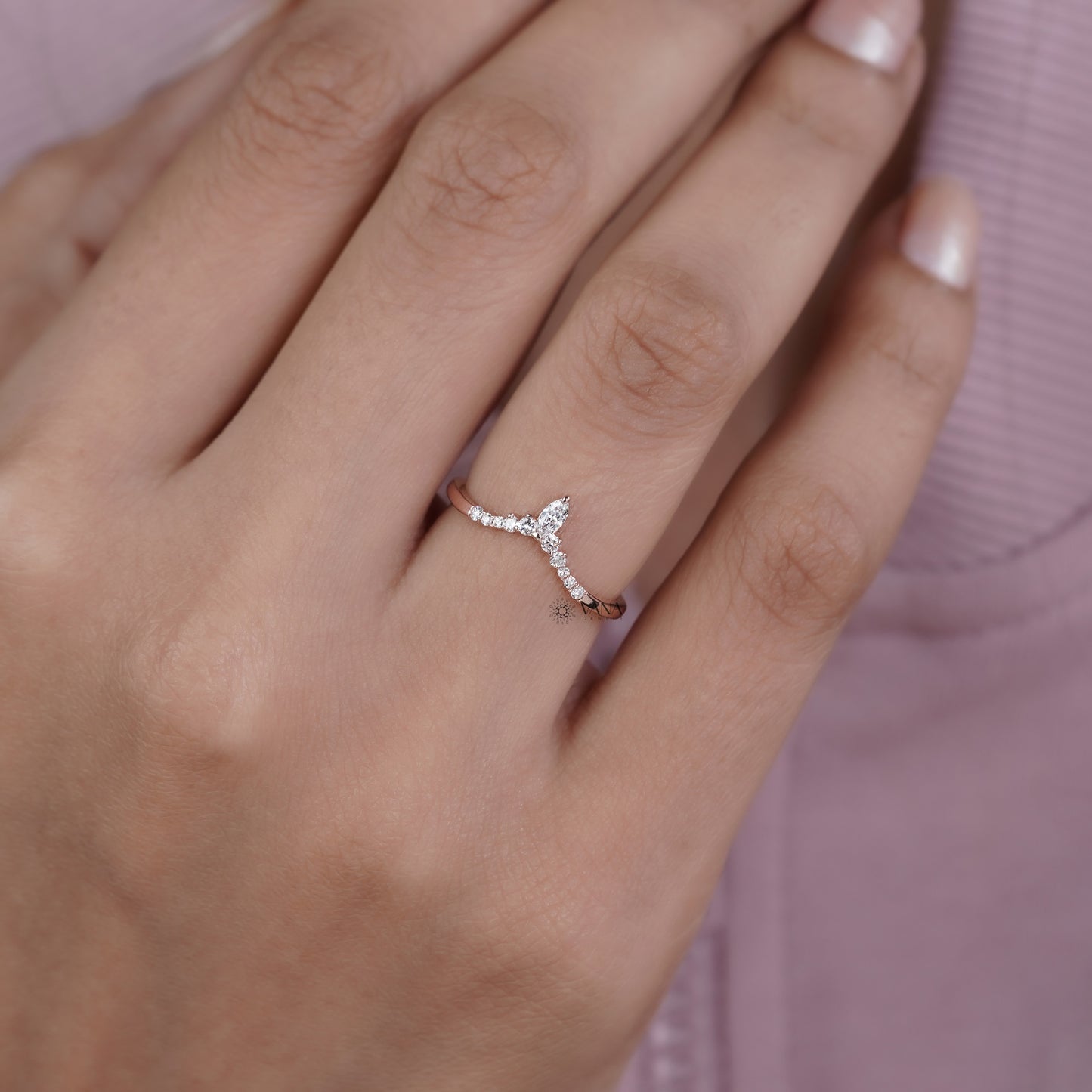 14K Solid Gold Marquise and Round Lab Diamond Tiara Curved Wedding Band