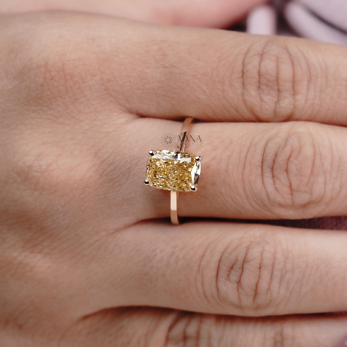 Fancy Yellow Cushion Cut Lab Grown Diamond Solitaire Ring in 14K Solid Gold