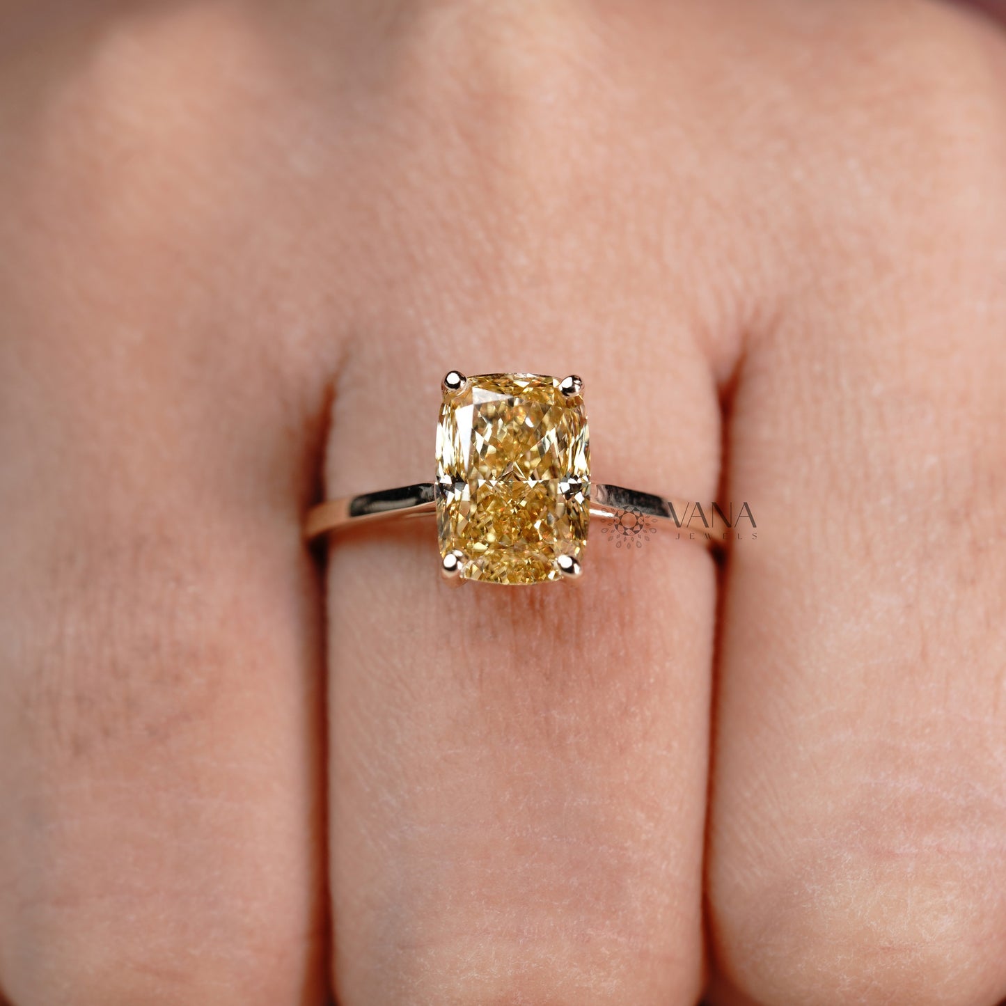 Fancy Yellow Cushion Cut Lab Grown Diamond Solitaire Ring in 14K Solid Gold