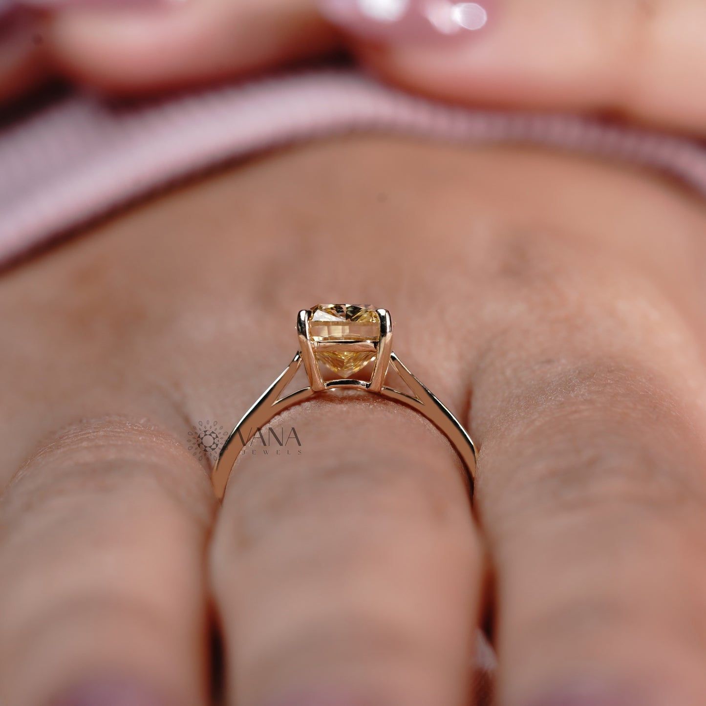 Fancy Yellow Cushion Cut Lab Grown Diamond Solitaire Ring in 14K Solid Gold