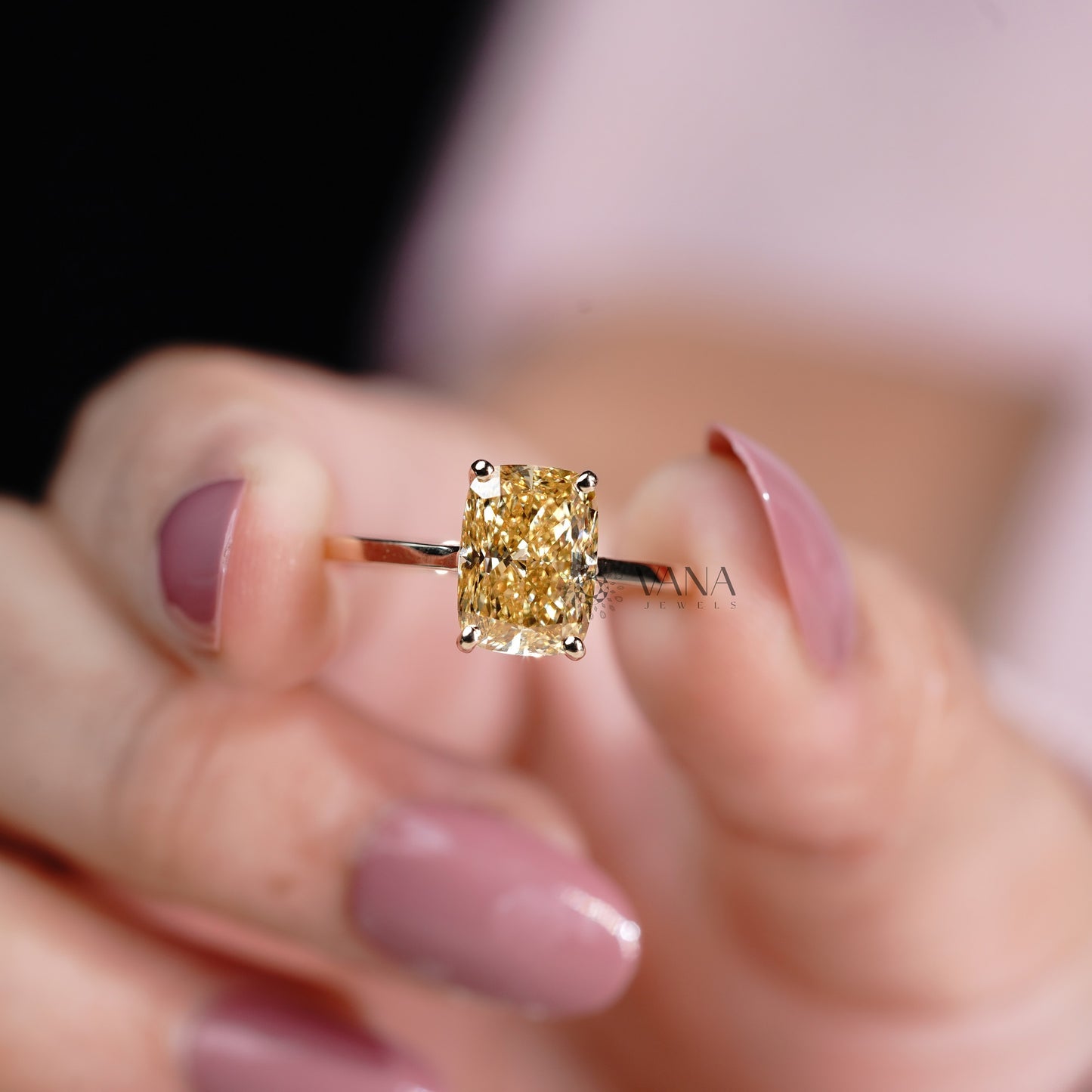 Fancy Yellow Cushion Cut Lab Grown Diamond Solitaire Ring in 14K Solid Gold