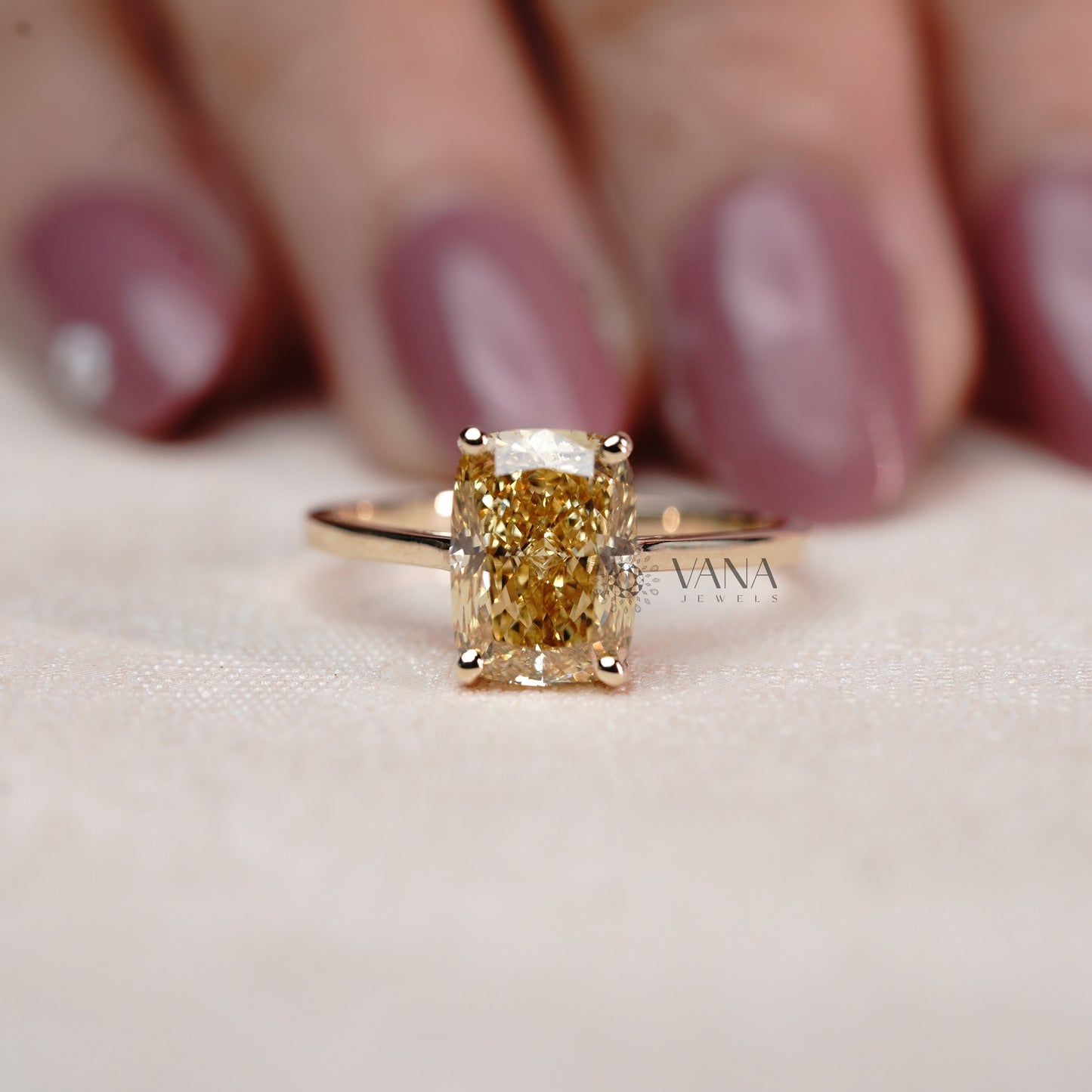 Fancy Yellow Cushion Cut Lab Grown Diamond Solitaire Ring in 14K Solid Gold
