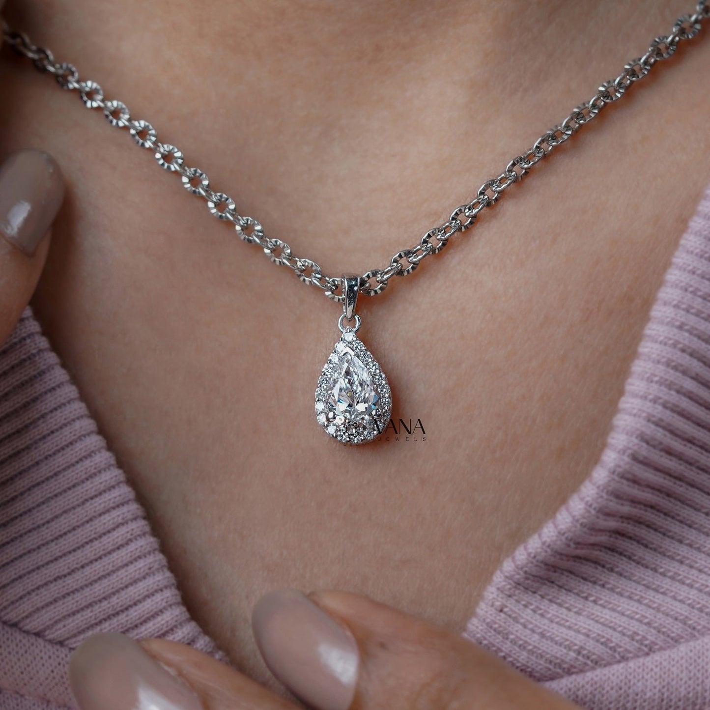 Pear Cut Lab Grown Diamond Wedding Pendant with Halo Setting for Womens Gift