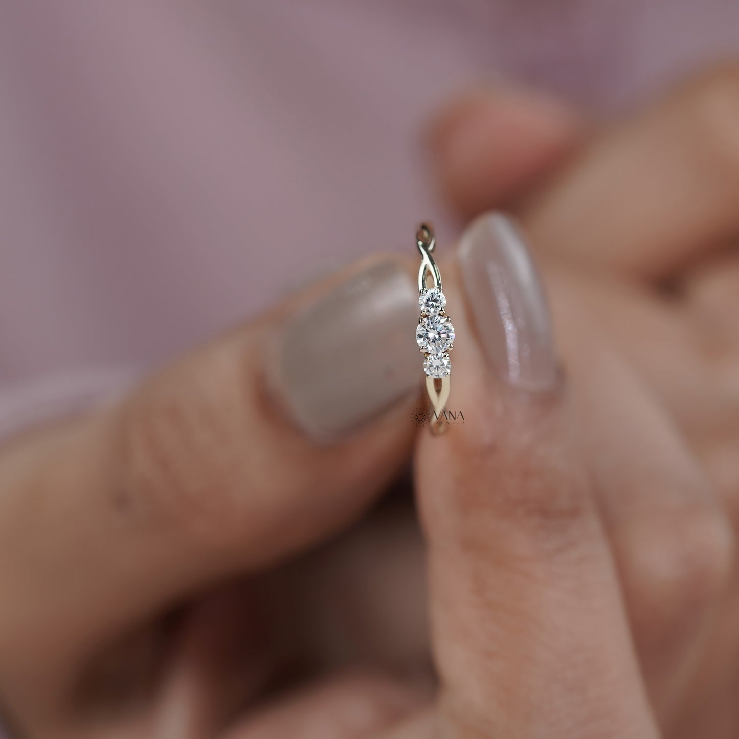 Minimalist Three Stone Round Lab Grown Diamond Twisted Wedding Band