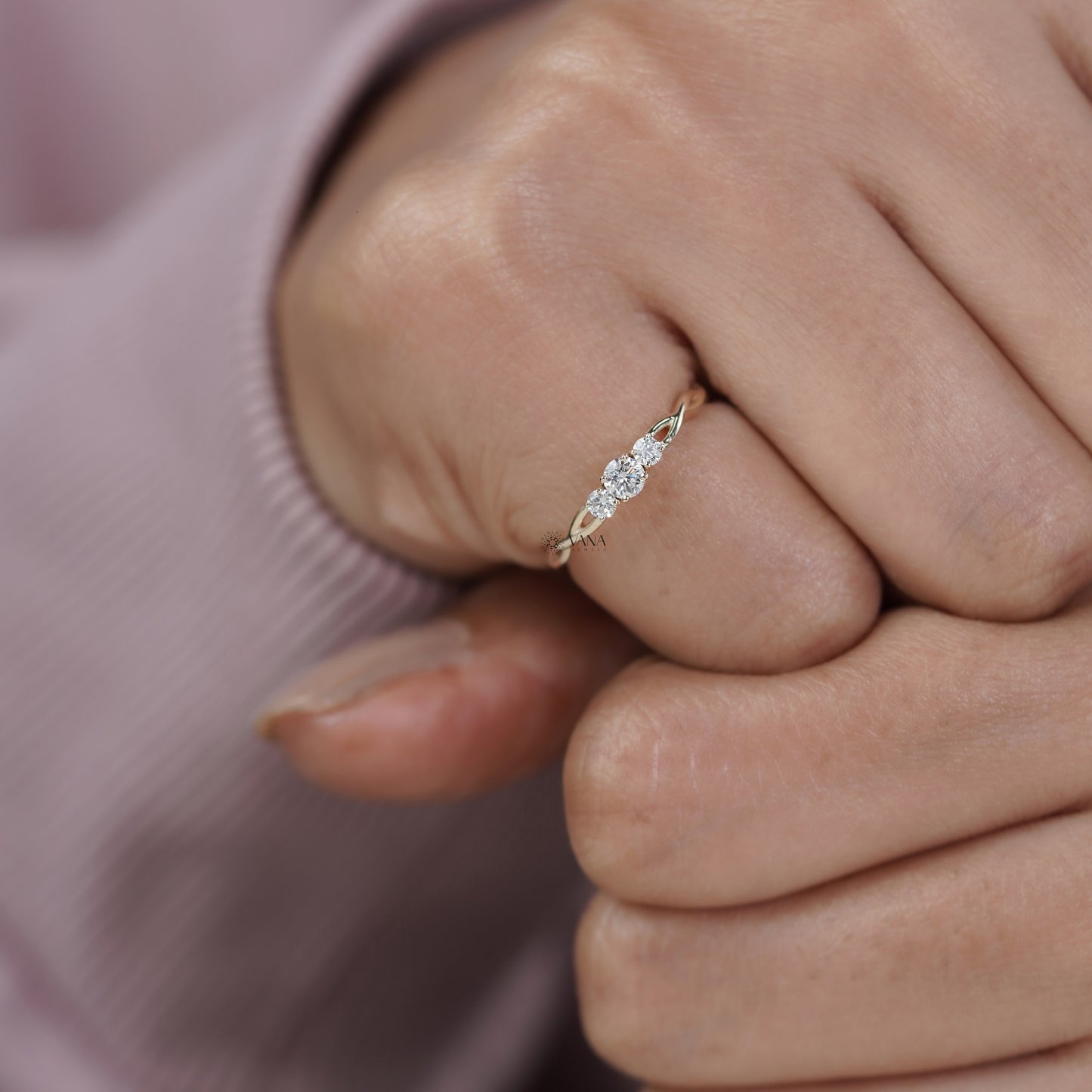 Minimalist Three Stone Round Lab Grown Diamond Twisted Wedding Band