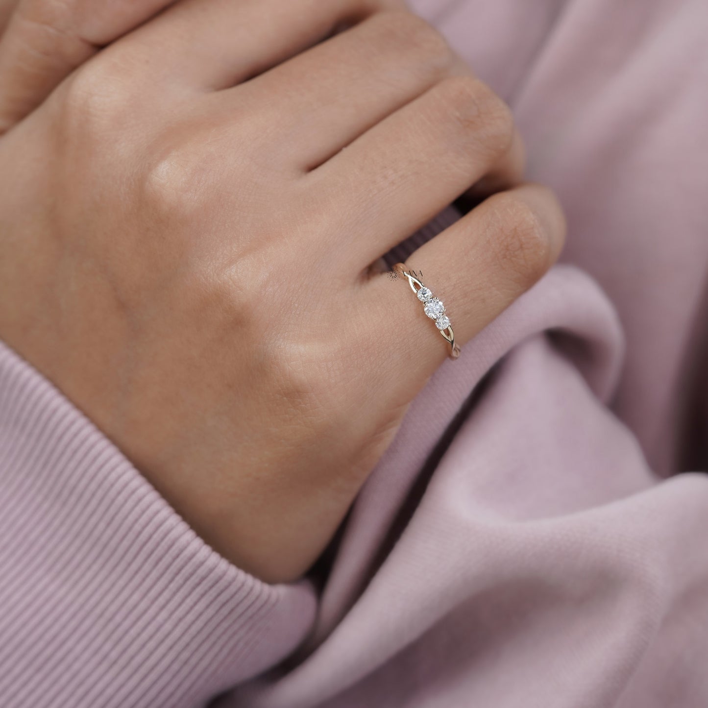 Minimalist Three Stone Round Lab Grown Diamond Twisted Wedding Band