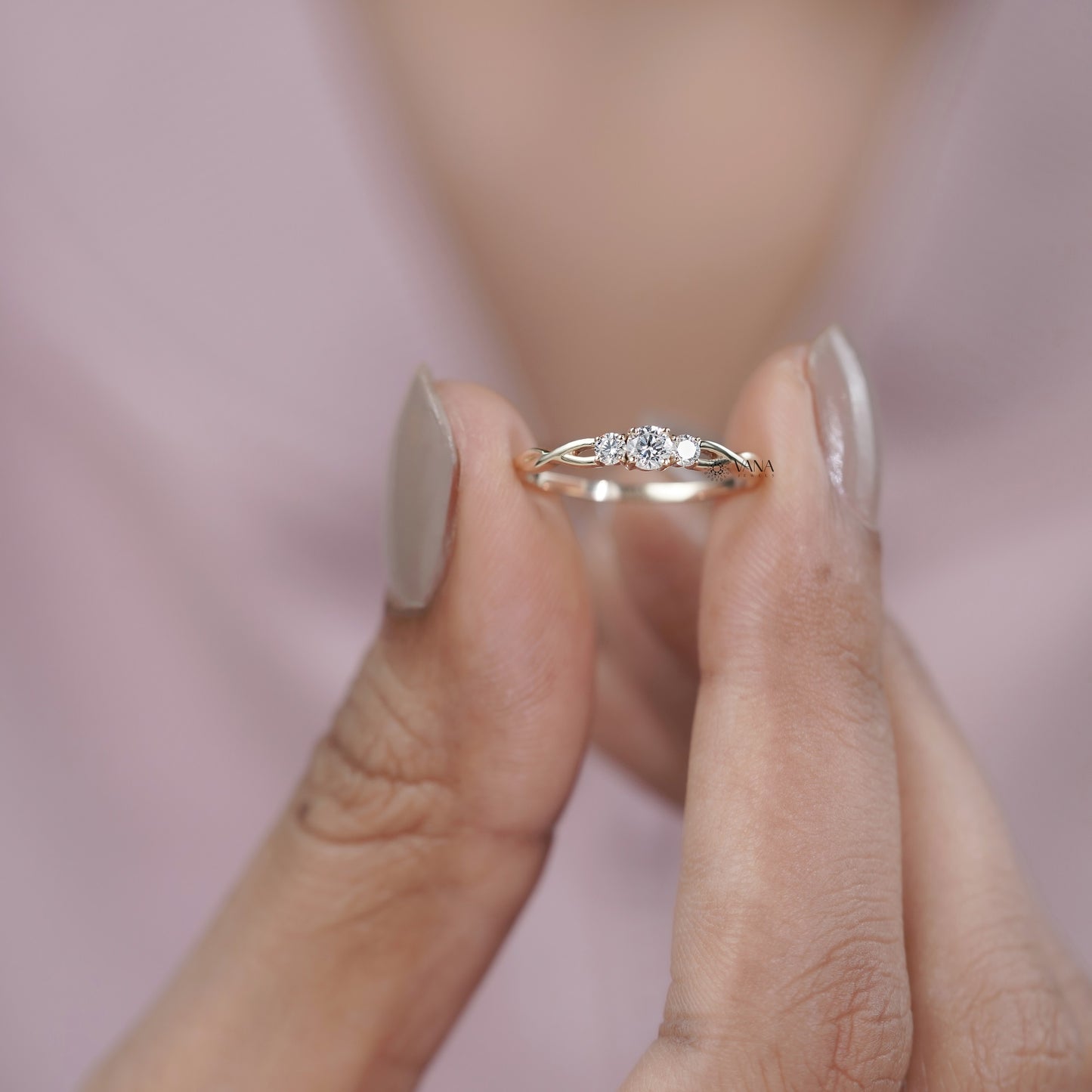 Minimalist Three Stone Round Lab Grown Diamond Twisted Wedding Band