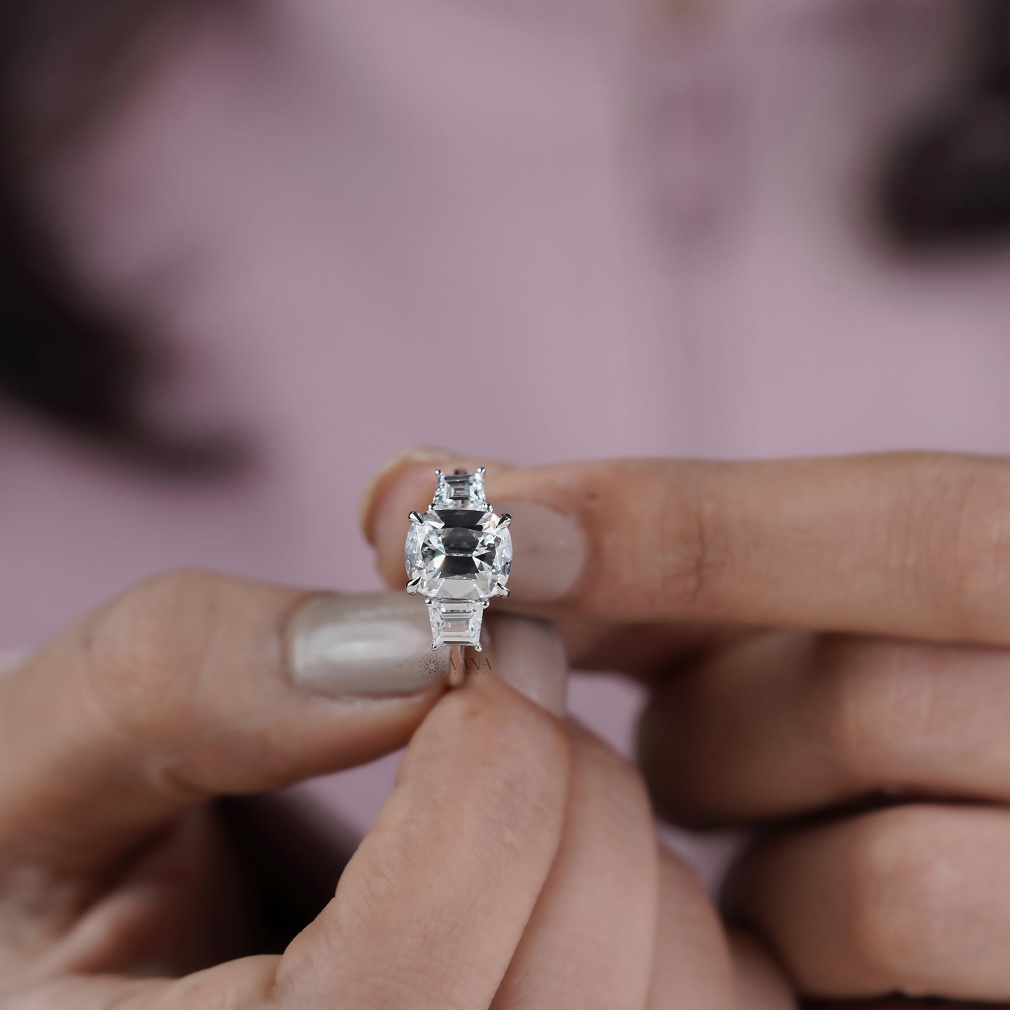 Cushion Old Mine Cut Three Stone Lab Grown Diamond Engagement Ring in White Gold