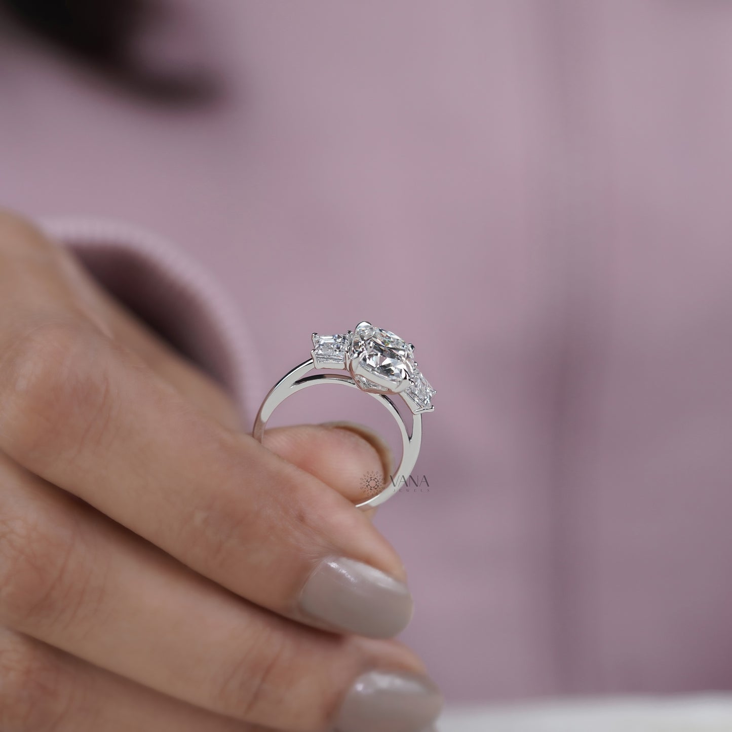 Cushion Old Mine Cut Three Stone Lab Grown Diamond Engagement Ring in White Gold