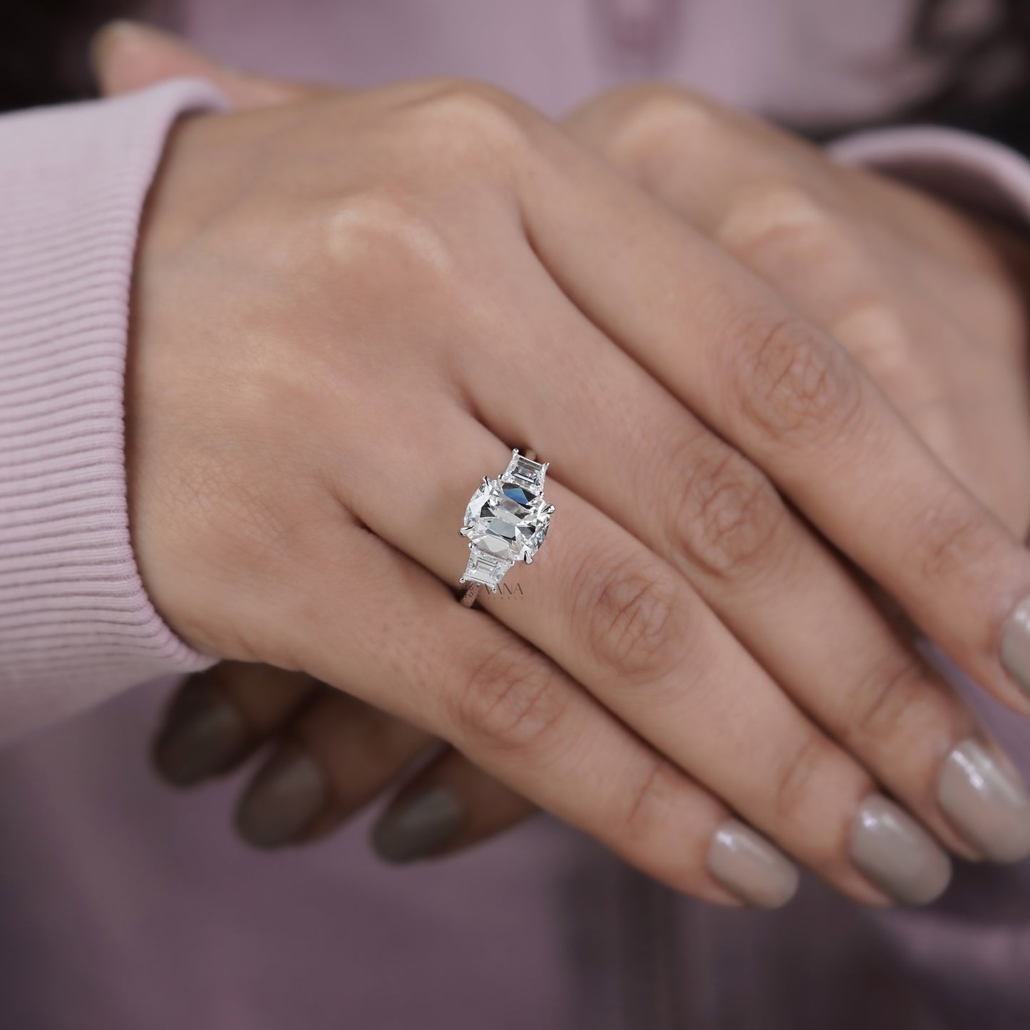 Cushion Old Mine Cut Three Stone Lab Grown Diamond Engagement Ring in White Gold