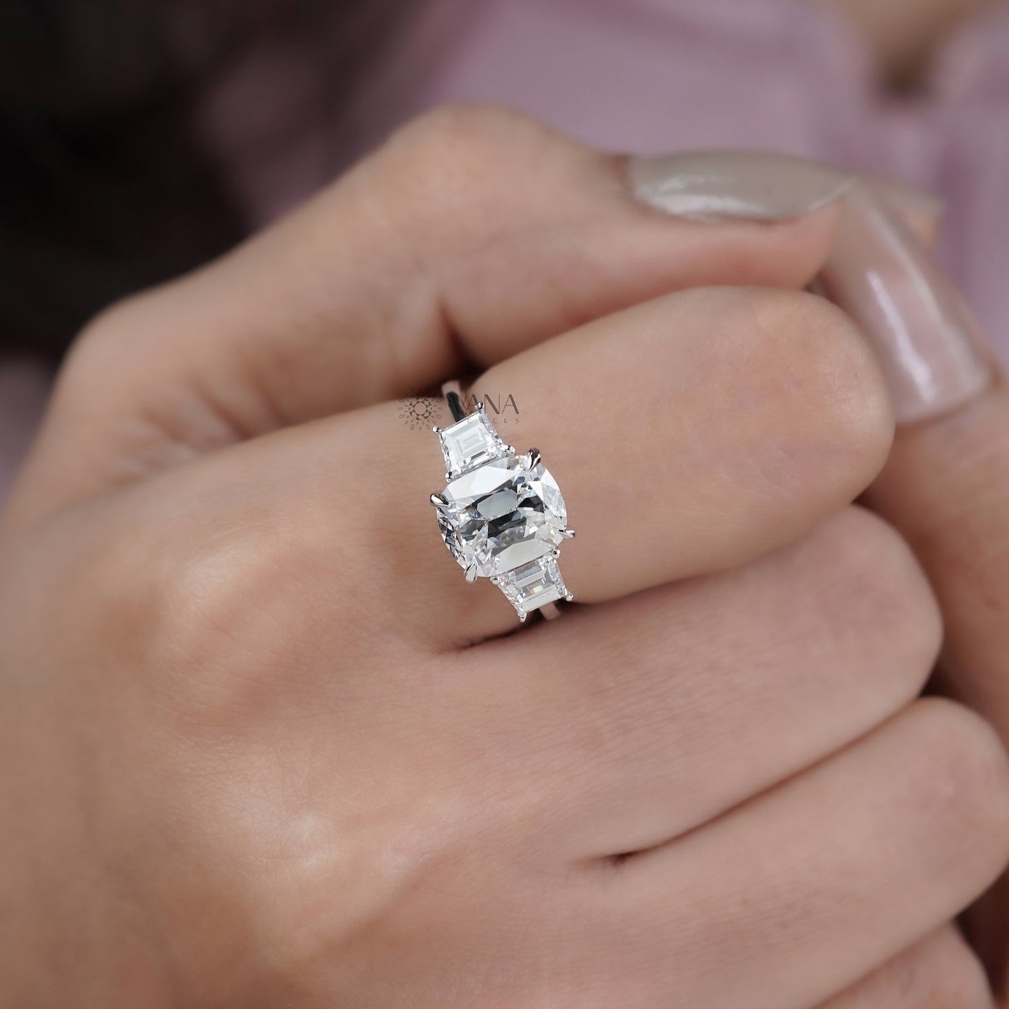 Cushion Old Mine Cut Three Stone Lab Grown Diamond Engagement Ring in White Gold