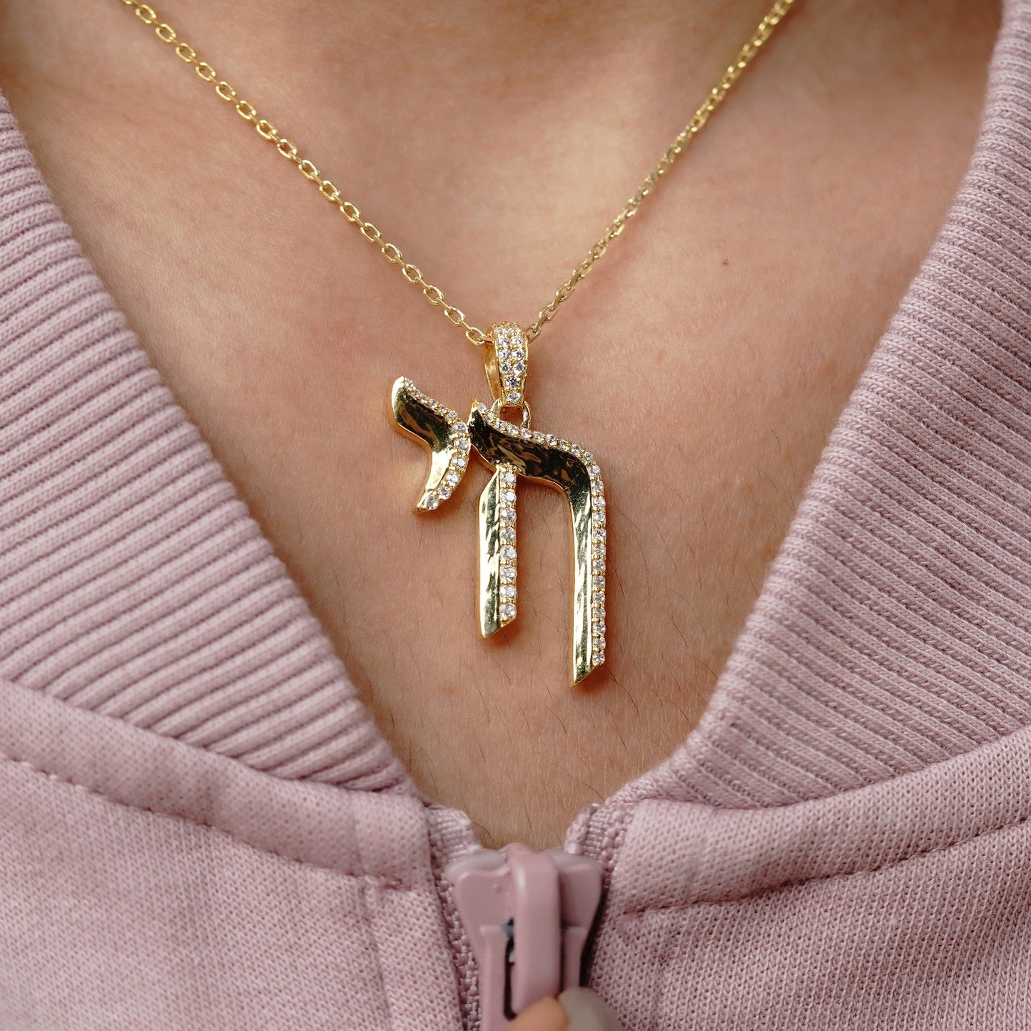 Jewish Chai Lab Grown Diamond Pendant with Round Cut Diamonds in Pave Setting