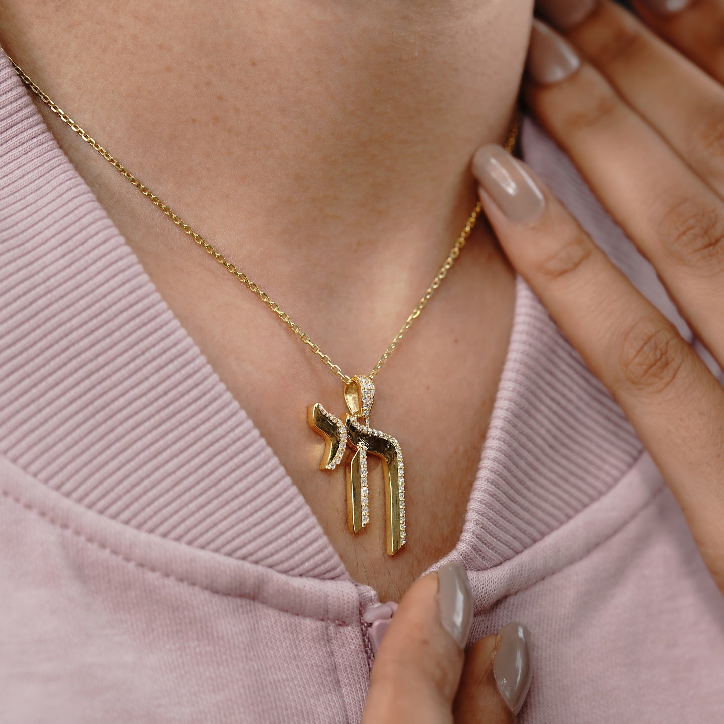 Jewish Chai Lab Grown Diamond Pendant with Round Cut Diamonds in Pave Setting