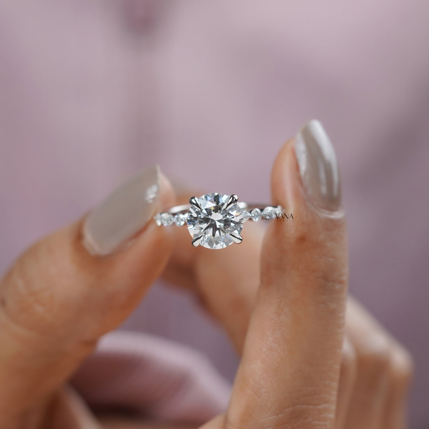 Round Cut Lab Grown Diamond Engagement Ring with Marquise and Round Side Stones