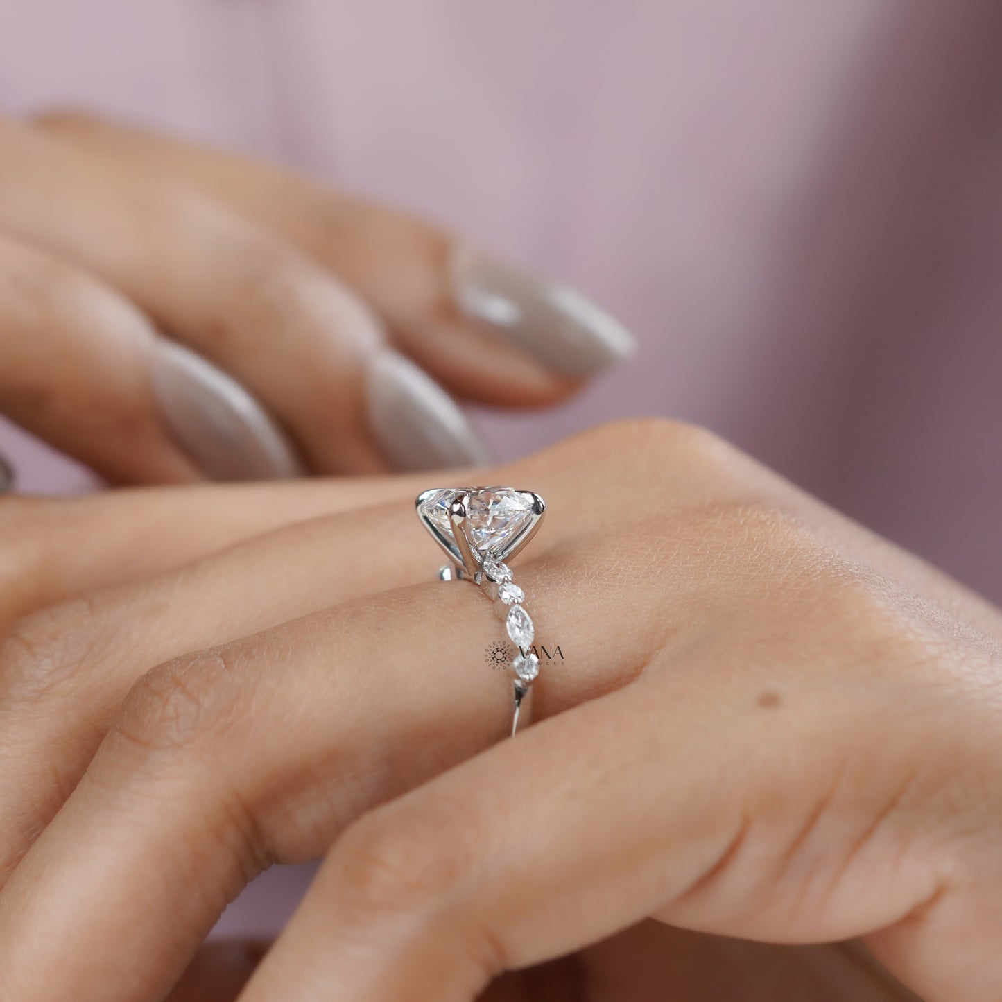 Round Cut Lab Grown Diamond Engagement Ring with Marquise and Round Side Stones