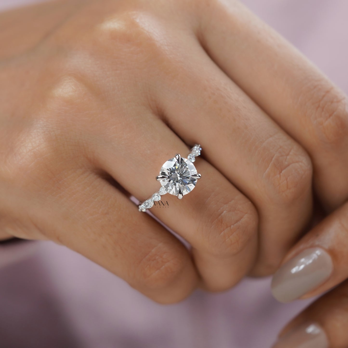 Round Cut Lab Grown Diamond Engagement Ring with Marquise and Round Side Stones