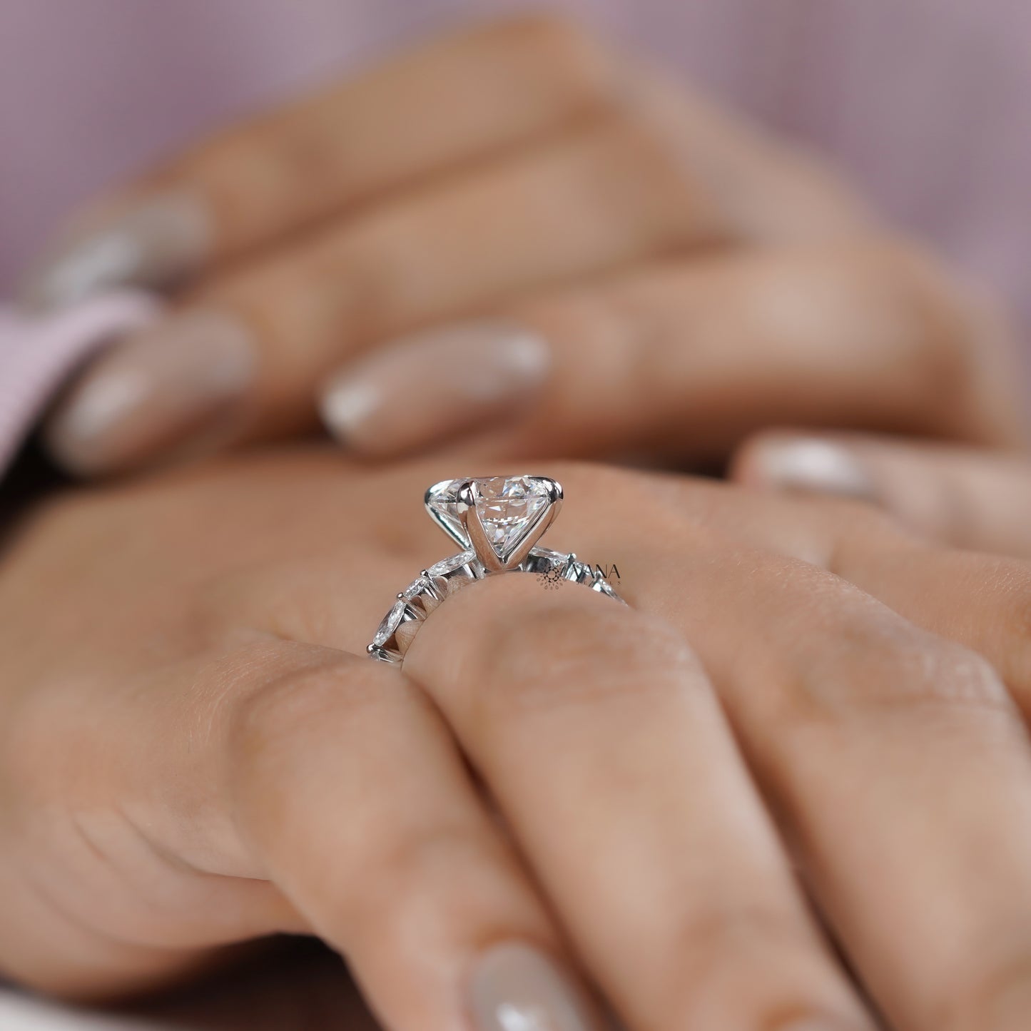 Round Cut Lab Grown Diamond Engagement Ring with Marquise and Round Side Stones