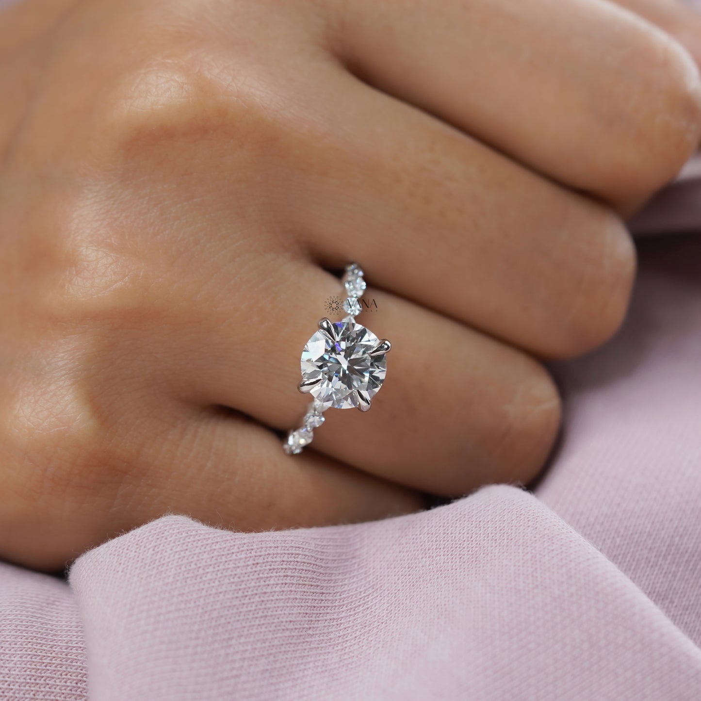 Round Cut Lab Grown Diamond Engagement Ring with Marquise and Round Side Stones