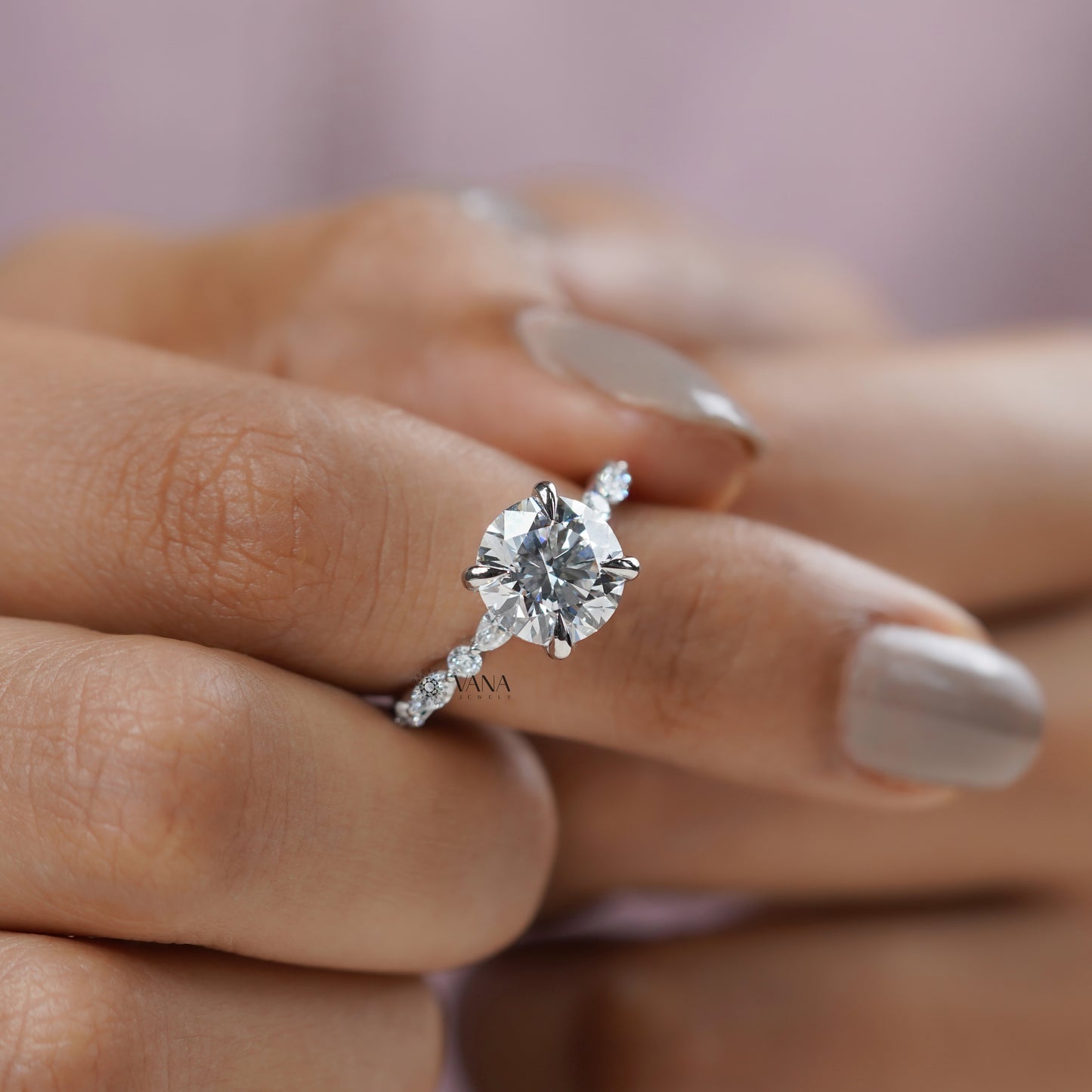 Round Cut Lab Grown Diamond Engagement Ring with Marquise and Round Side Stones