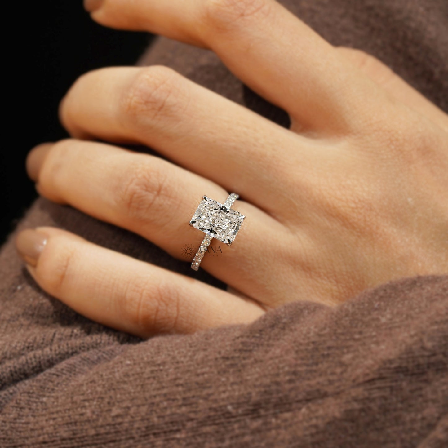 Radiant Cut Hidden Halo Lab Grown Diamond Engagement Ring with Pave Setting