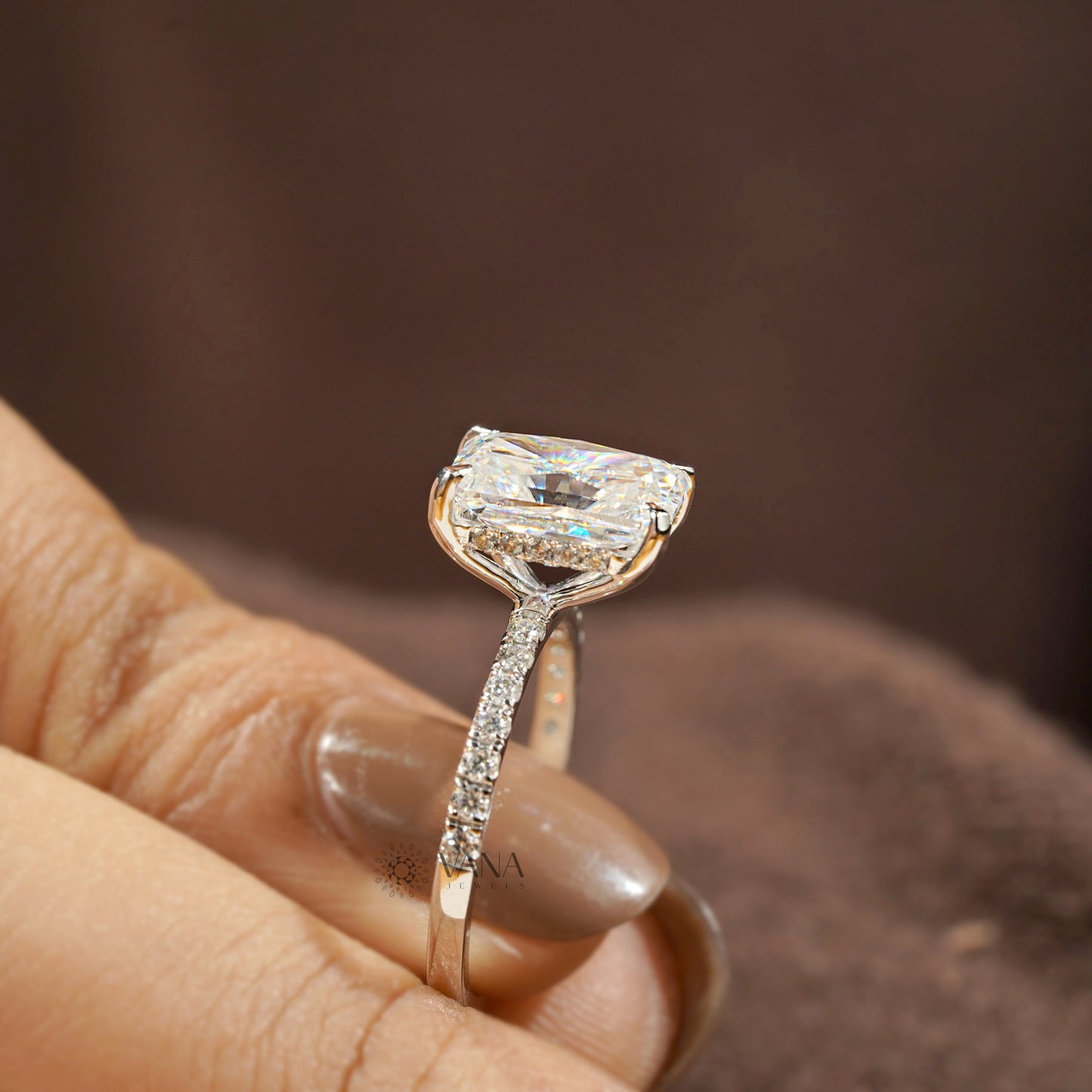 Radiant Cut Hidden Halo Lab Grown Diamond Engagement Ring with Pave Setting