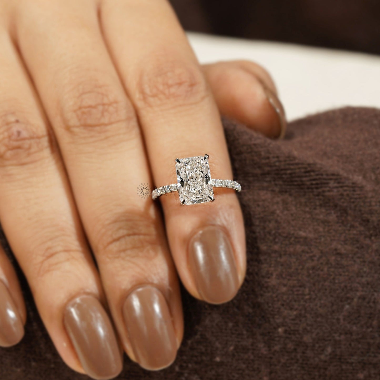 Radiant Cut Hidden Halo Lab Grown Diamond Engagement Ring with Pave Setting