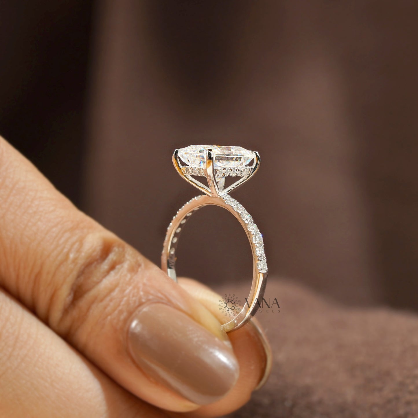 Radiant Cut Hidden Halo Lab Grown Diamond Engagement Ring with Pave Setting