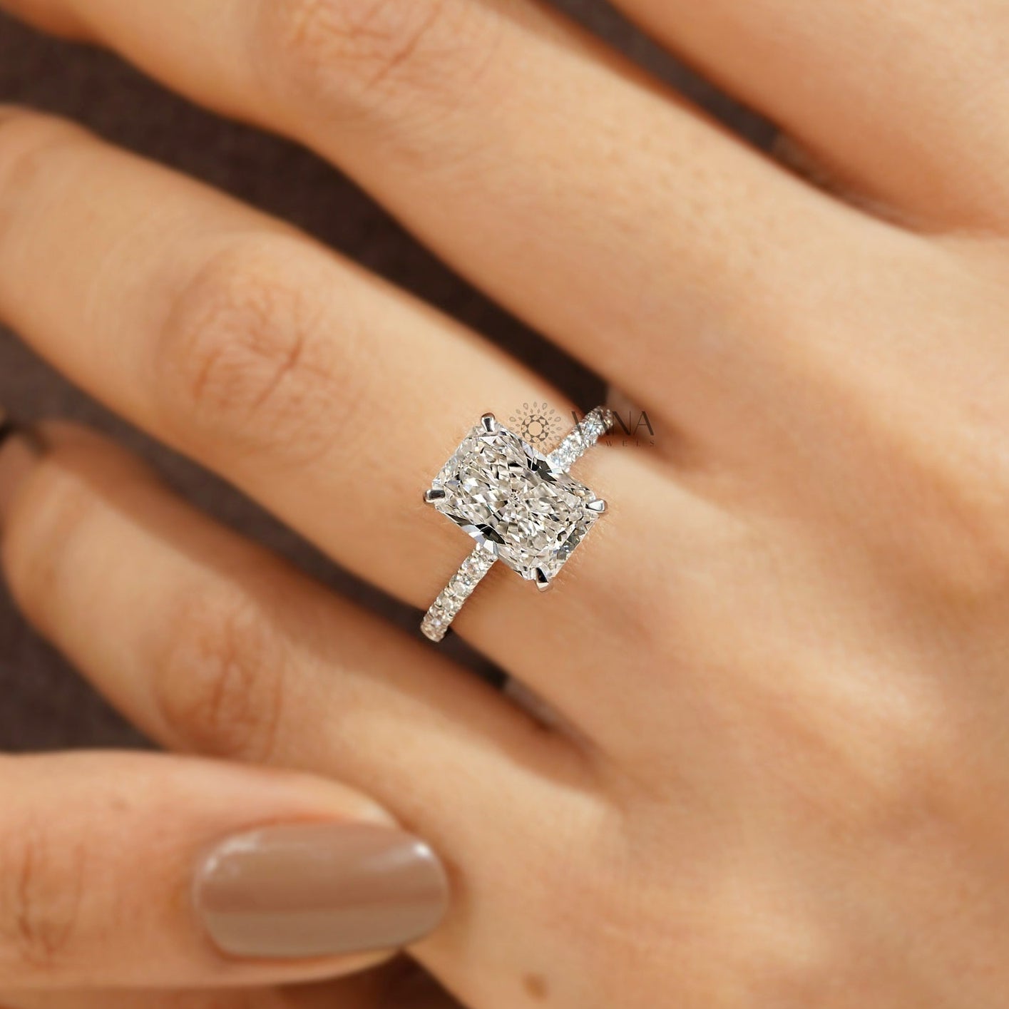Radiant Cut Hidden Halo Lab Grown Diamond Engagement Ring with Pave Setting