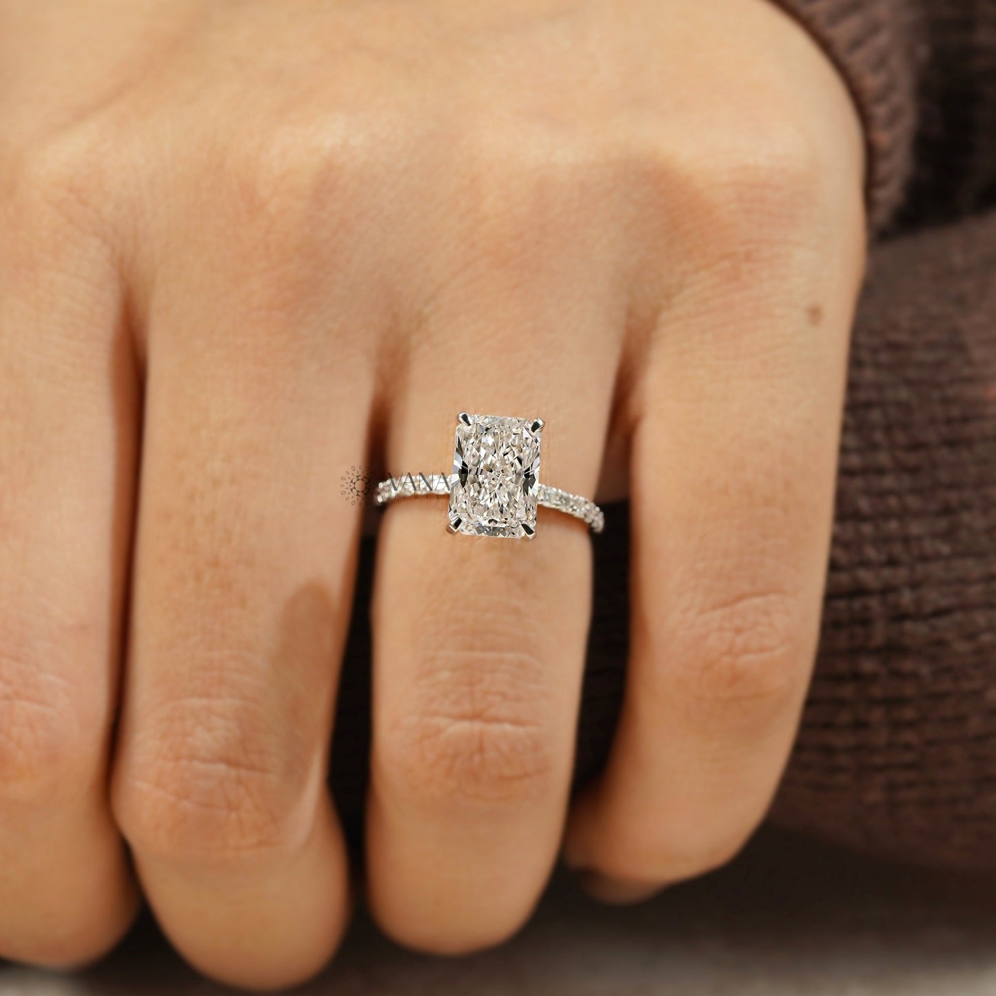 Radiant Cut Hidden Halo Lab Grown Diamond Engagement Ring with Pave Setting