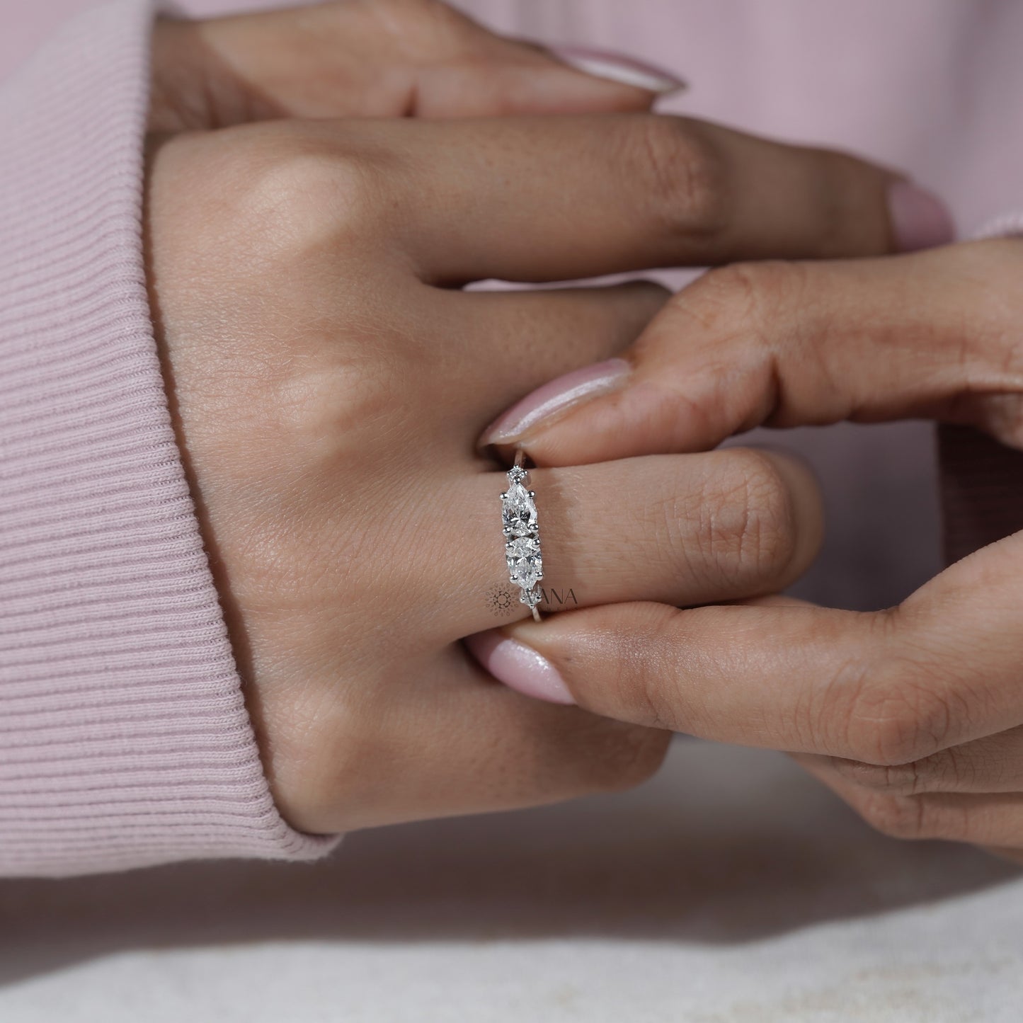 East West Pear Cut Lab Grown Diamond Four Stone Ring in 18K White Gold