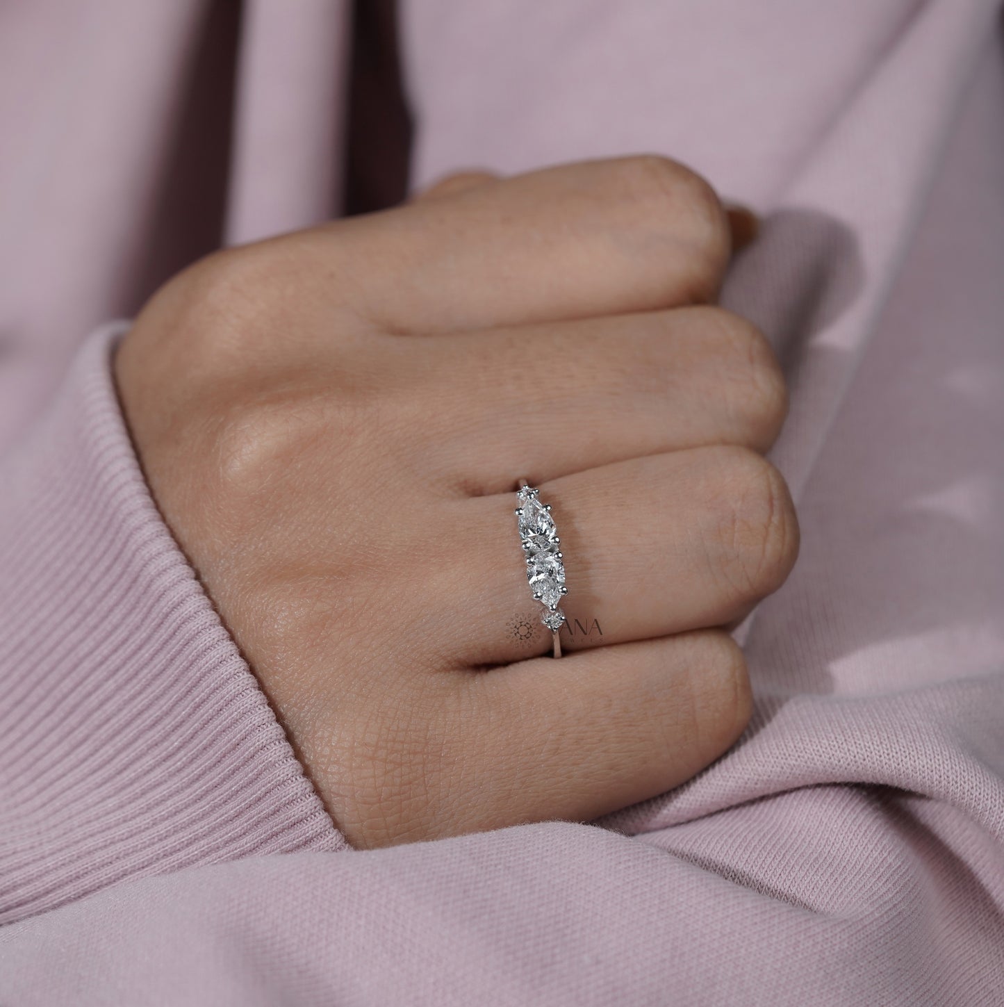 East West Pear Cut Lab Grown Diamond Four Stone Ring in 18K White Gold