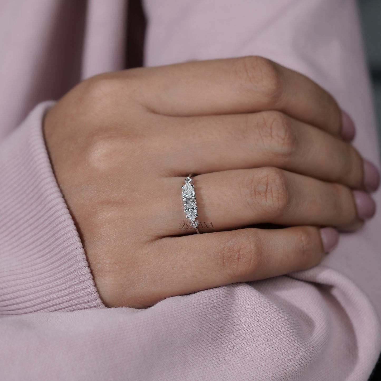 East West Pear Cut Lab Grown Diamond Four Stone Ring in 18K White Gold