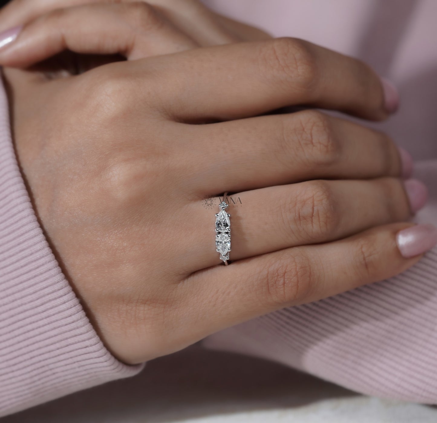 East West Pear Cut Lab Grown Diamond Four Stone Ring in 18K White Gold